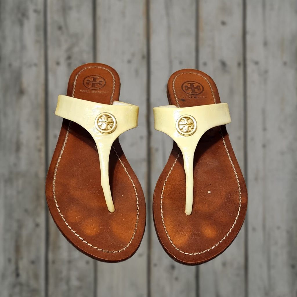 Tory Burch Tory Burch Sandal Thong Wedge Mid Gold 12148230 Adults Women 6.5 Ivory/Gold patent Saffiano Casual Travel Size US 7 / IT 37 - 1 Thumbnail