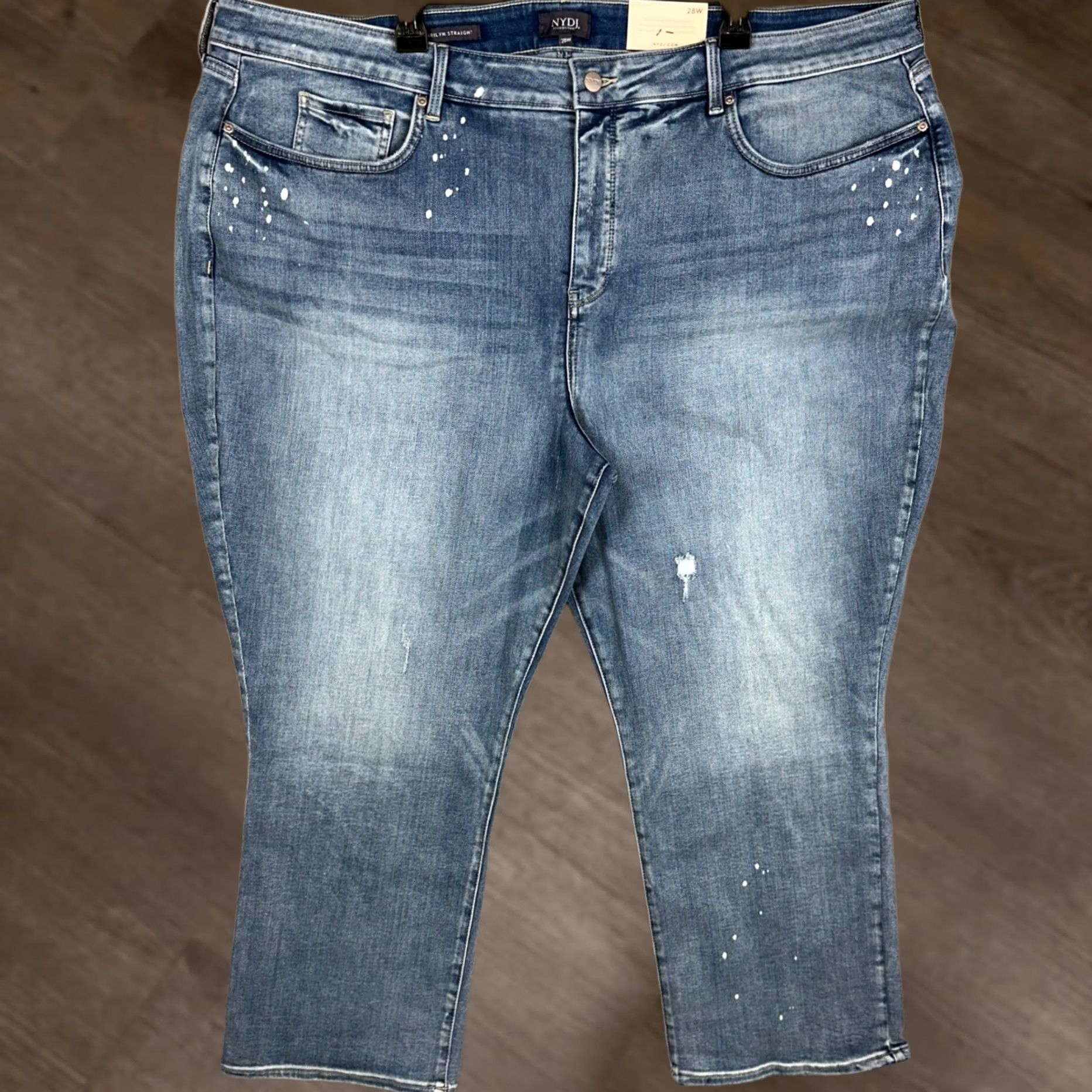 NYDJ VINTAGE not -> NYDJ Marilyn Straight Jeans Women 28W Plus Blue Paint Splatter Stretch Denim Size 28" / US 6 / IT 42 - 1 Thumbnail