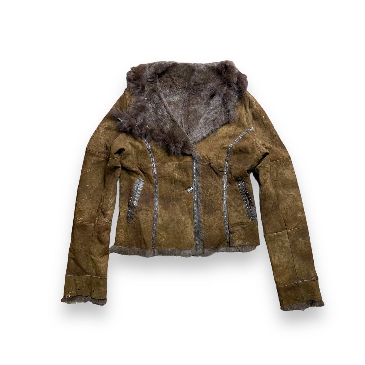 If Six Was Nine VINTAGE SPANISH RABBIT SHEEP LEATHER BLUE FOX FUR JACKET Size M / US 6-8 / IT 42-44 - 2 Thumbnail