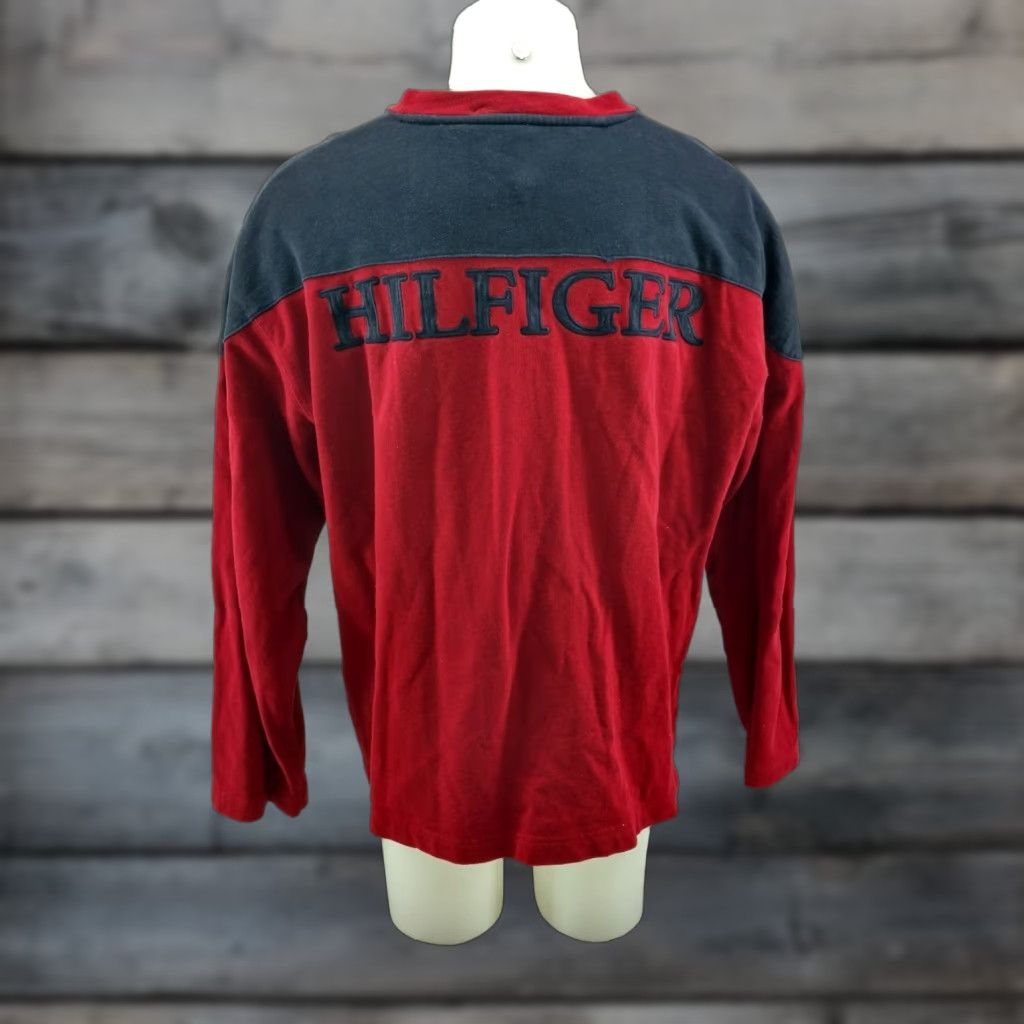 Tommy Hilfiger VINTAGE Tommy Hilfiger Sweater Spell Out Back Logo Red Blue Navy XL Crew Neck Mens Sweater Size US XL / EU 56 / 4 - 1 Thumbnail