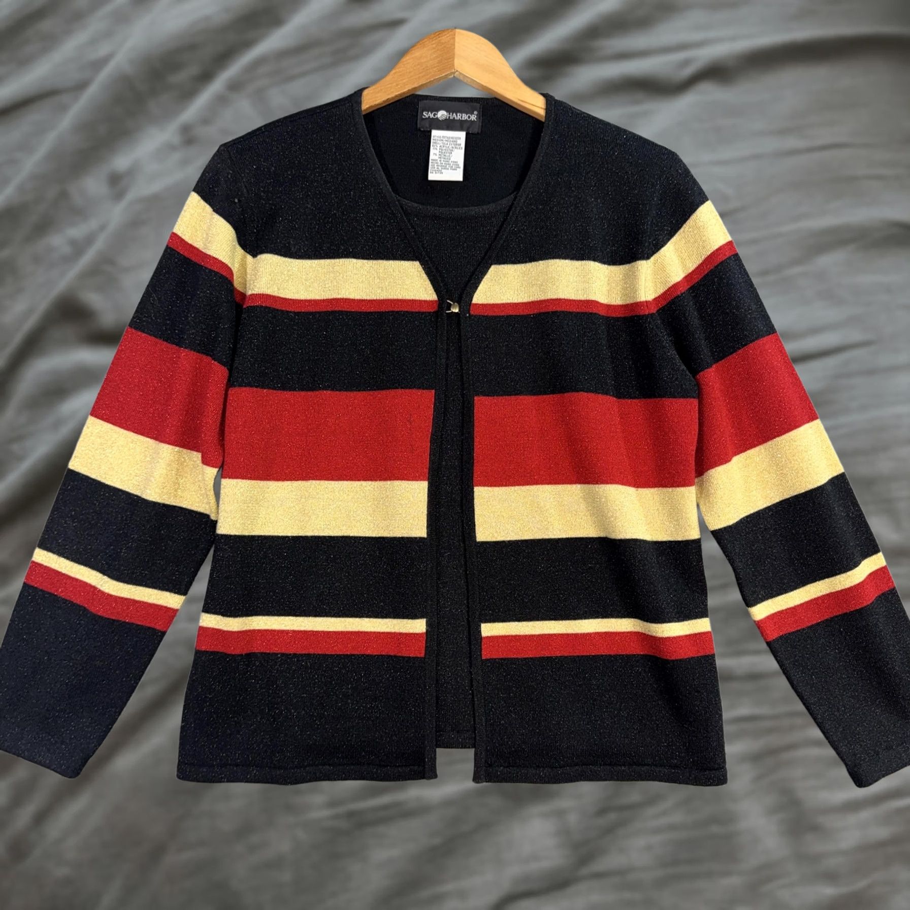 Vintage Sag Harbor Cardigan Sweater Womens Medium Black Striped Metallic Knit Hong Kong Size M / US 6-8 / IT 42-44 - 1 Thumbnail