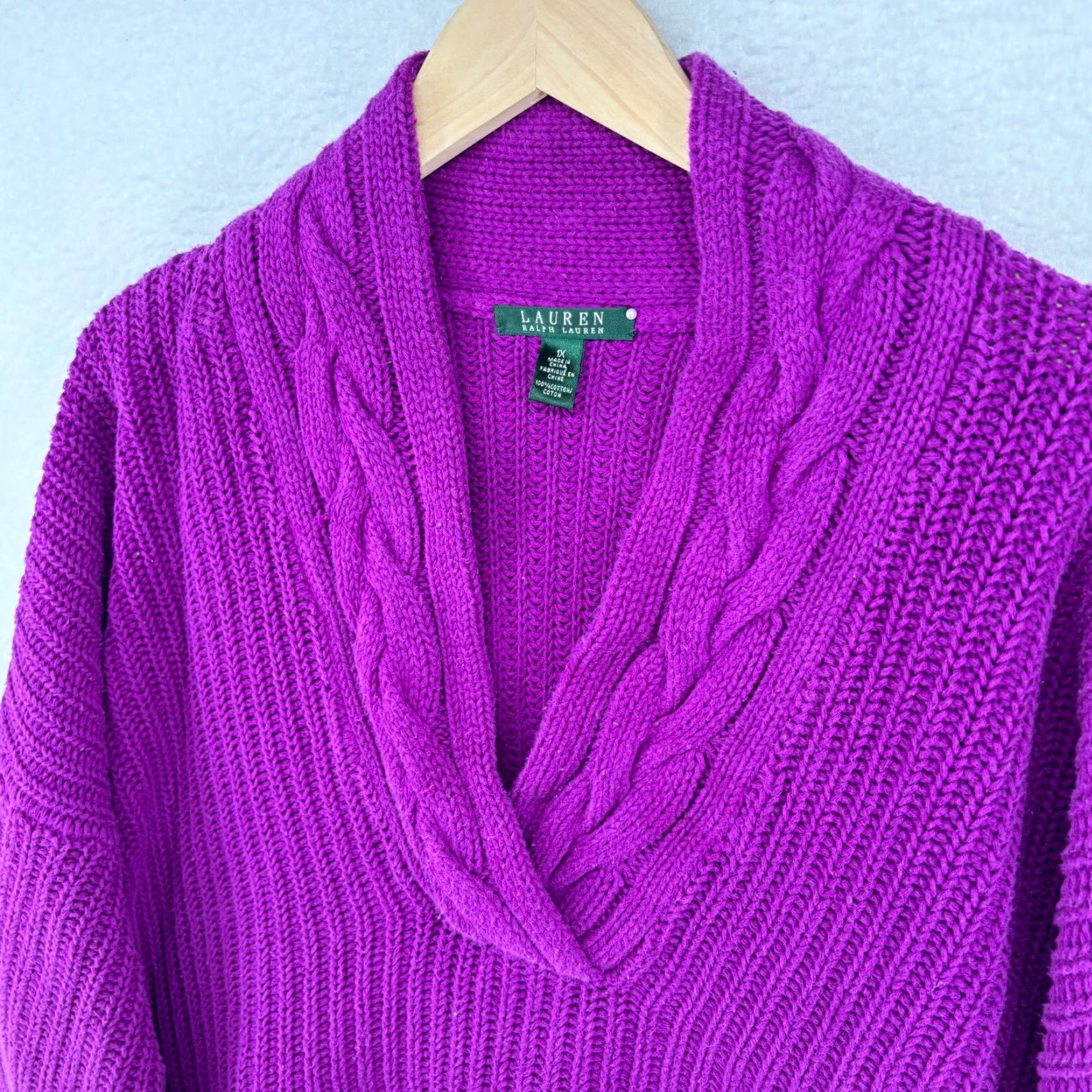LAUREN RALPH LAUREN Sweater Women 1X Plus Cable Knit V-Neck Cotton Purple Adult Plus Size Pullover Dolman Sleeve Pilling Indicating Purple Womens