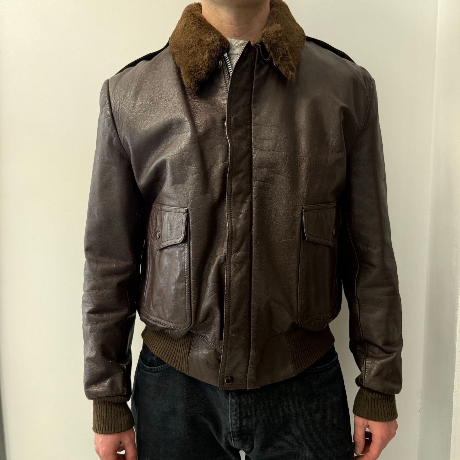 Vintage 50s Brown Leather Flight Jacket HDK Zipper Mouton Collar Size US L / EU 52-54 / 3 - 3 Thumbnail