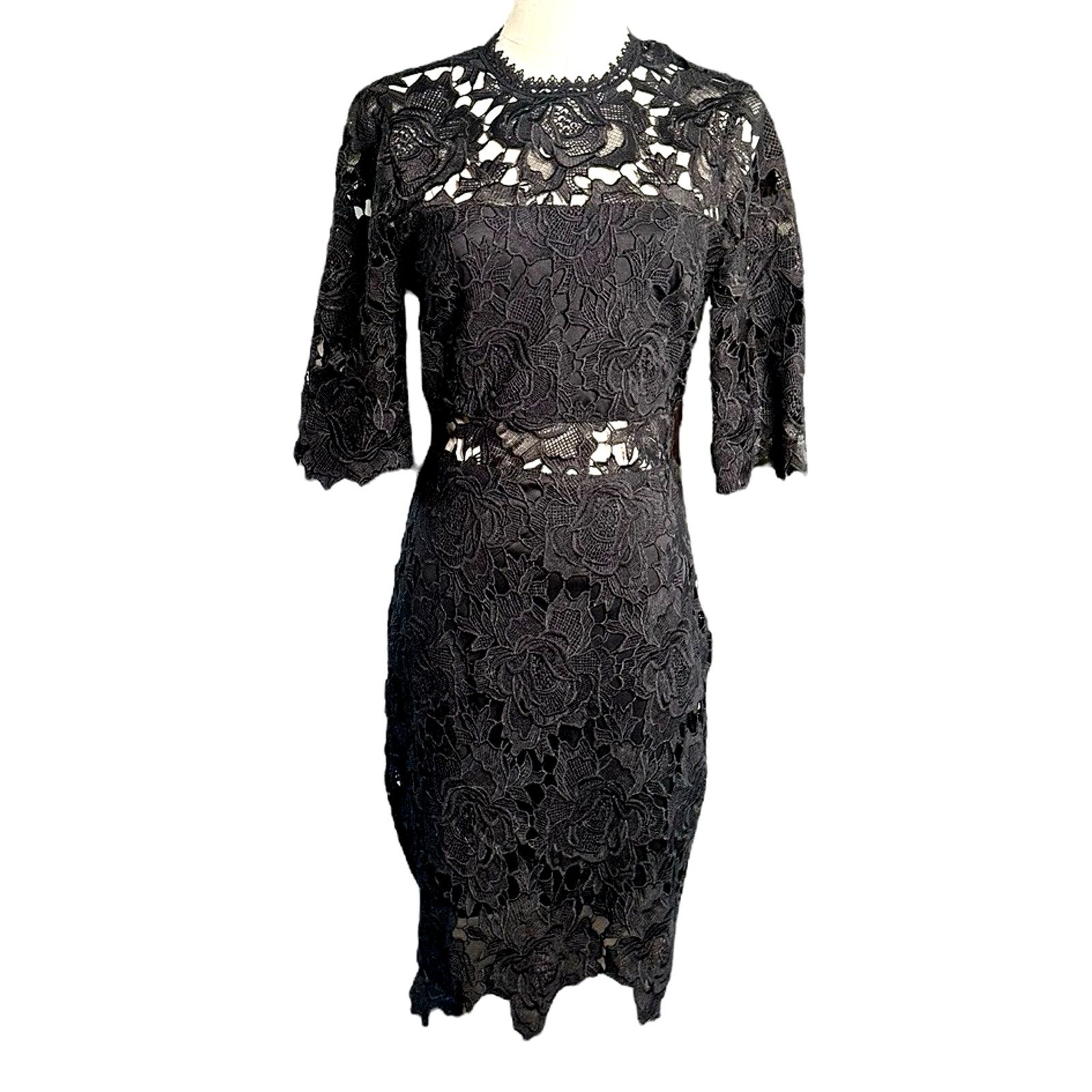 black lace nude illusion dress Stunning 1950's Nude Illusion Lace Black Cocktail Dress With Sheer Sle   Xtabay Vintage