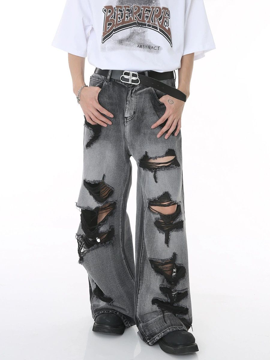 Men's high street washed hip-hop loose ripped jeans
