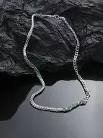 Jewelry Green Stone Chrome Chain Silver Goth God Vibe Necklace Size ONE SIZE - 3 Thumbnail