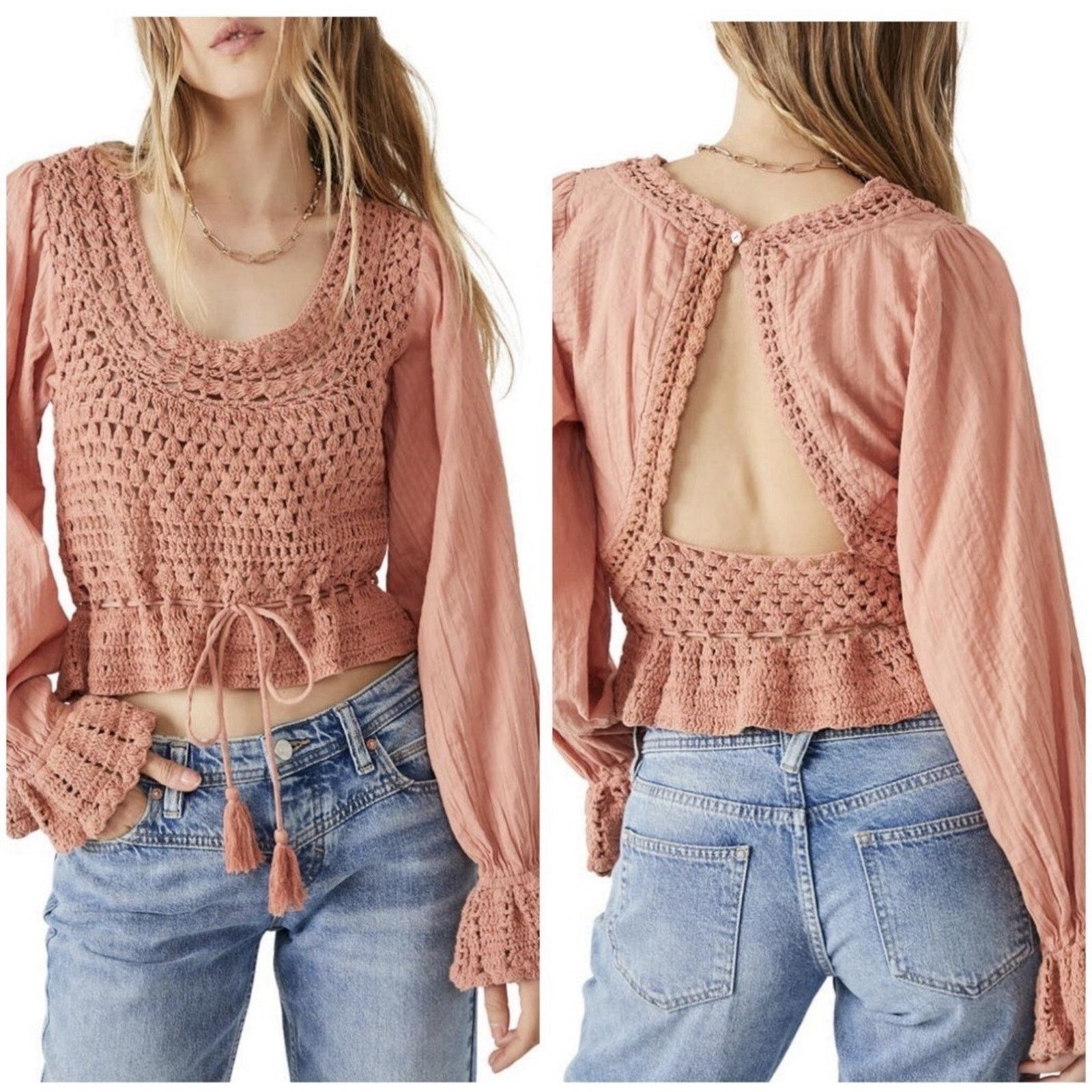 Free People Free People Crocheted Crop Bell Sleeve Boho Top Small Size S / US 4 / IT 40 - 1 Thumbnail
