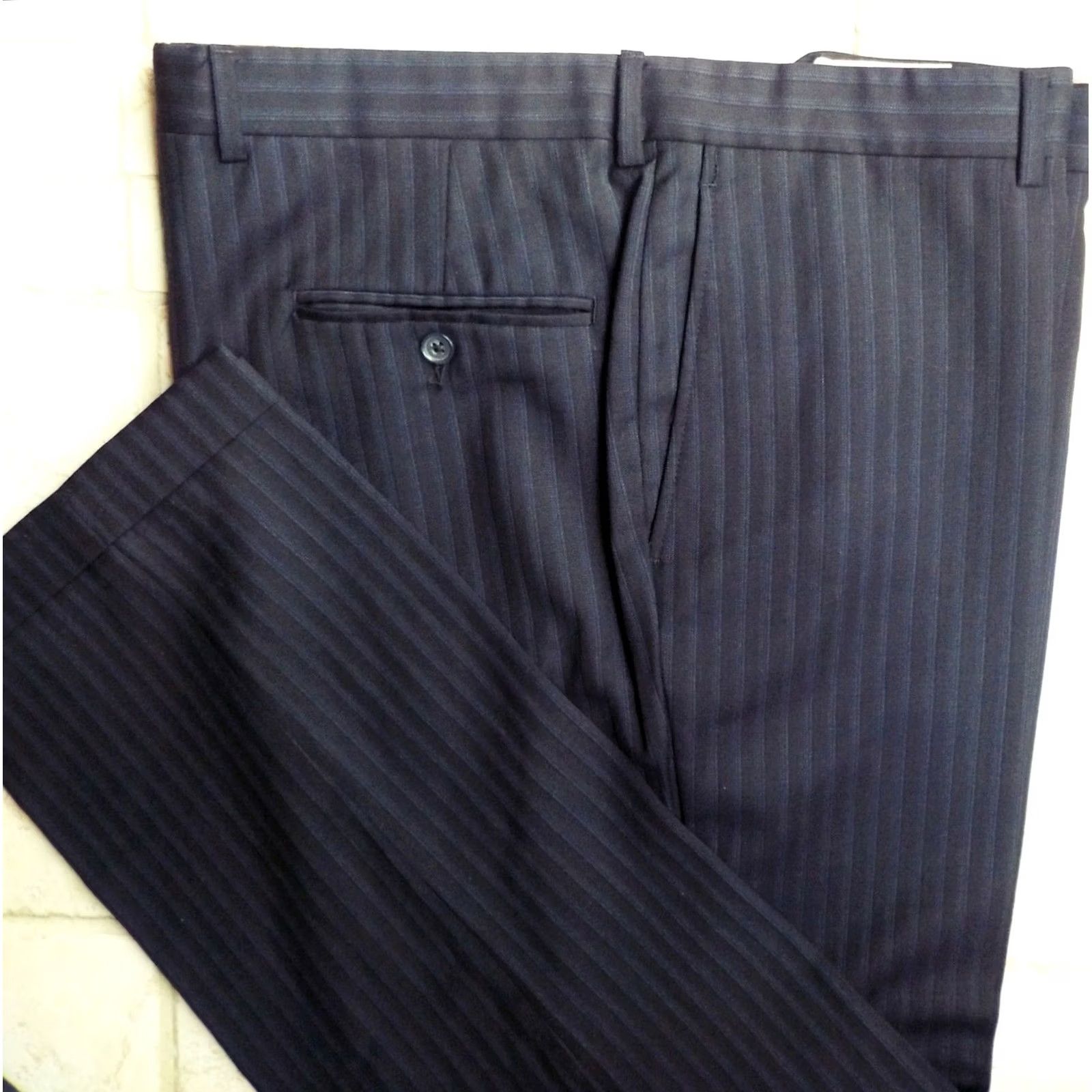 Jack Victor Jack Victor Collection Navy Blue Pinstripe Flat Front 2 Piece Suit 42R 36X28.5 Mens Wool Navy Pinstripe 2 Button Suit Size 42R - 6 Thumbnail