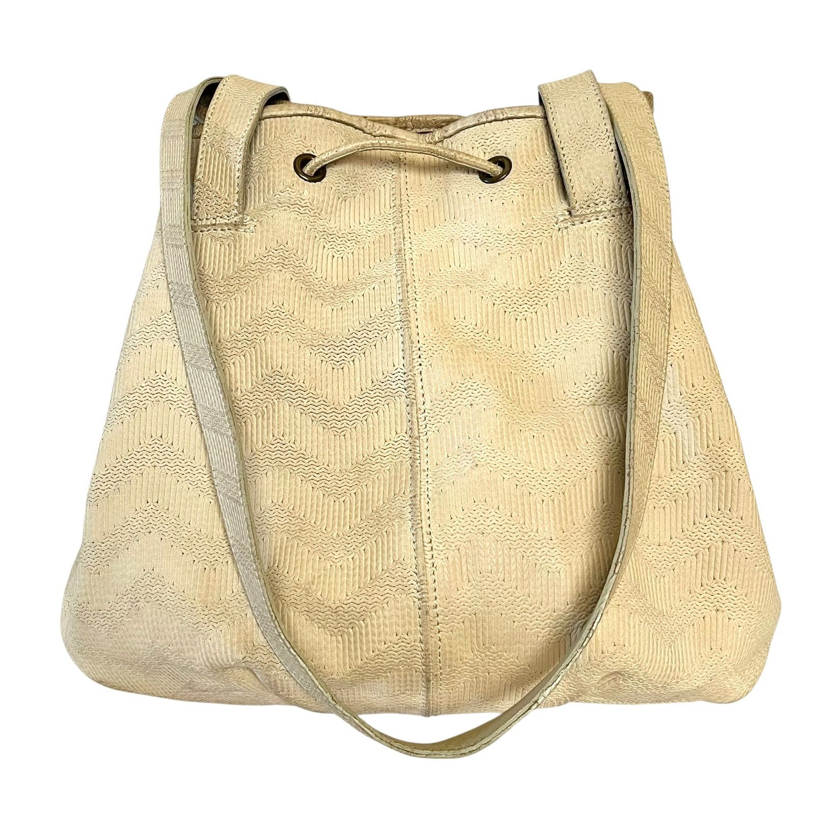 BRAHMIN × Vintage Brahmin Vintage Chevron Embossed Cream Leather Bucket Bag Size ONE SIZE - 3 Thumbnail
