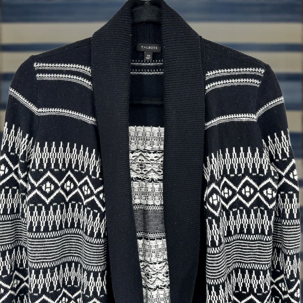 Talbots VINTAGE Talbots Black Fair Isle Geometric Shawl Collar Cardigan Lambswool Sweater XS Size XS / US 0-2 / IT 36-38 - 1 Thumbnail