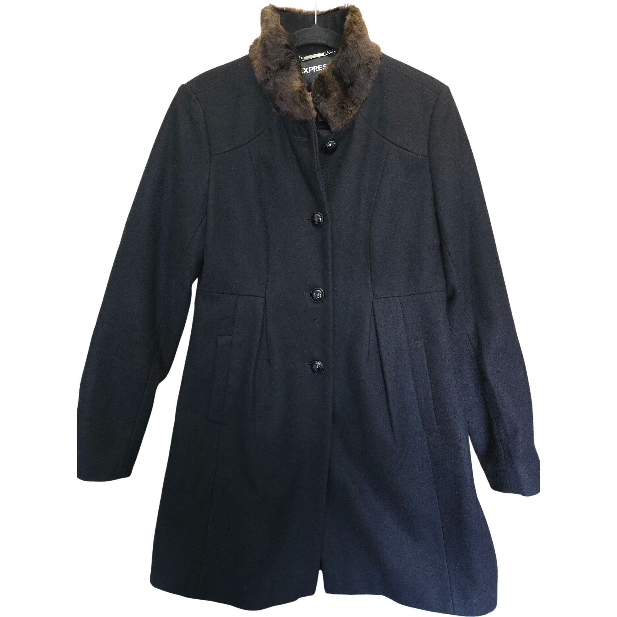 Express Express Womens Black Coat With Faux Fur Collar - Size M leop Size M / US 6-8 / IT 42-44 - 1 Thumbnail