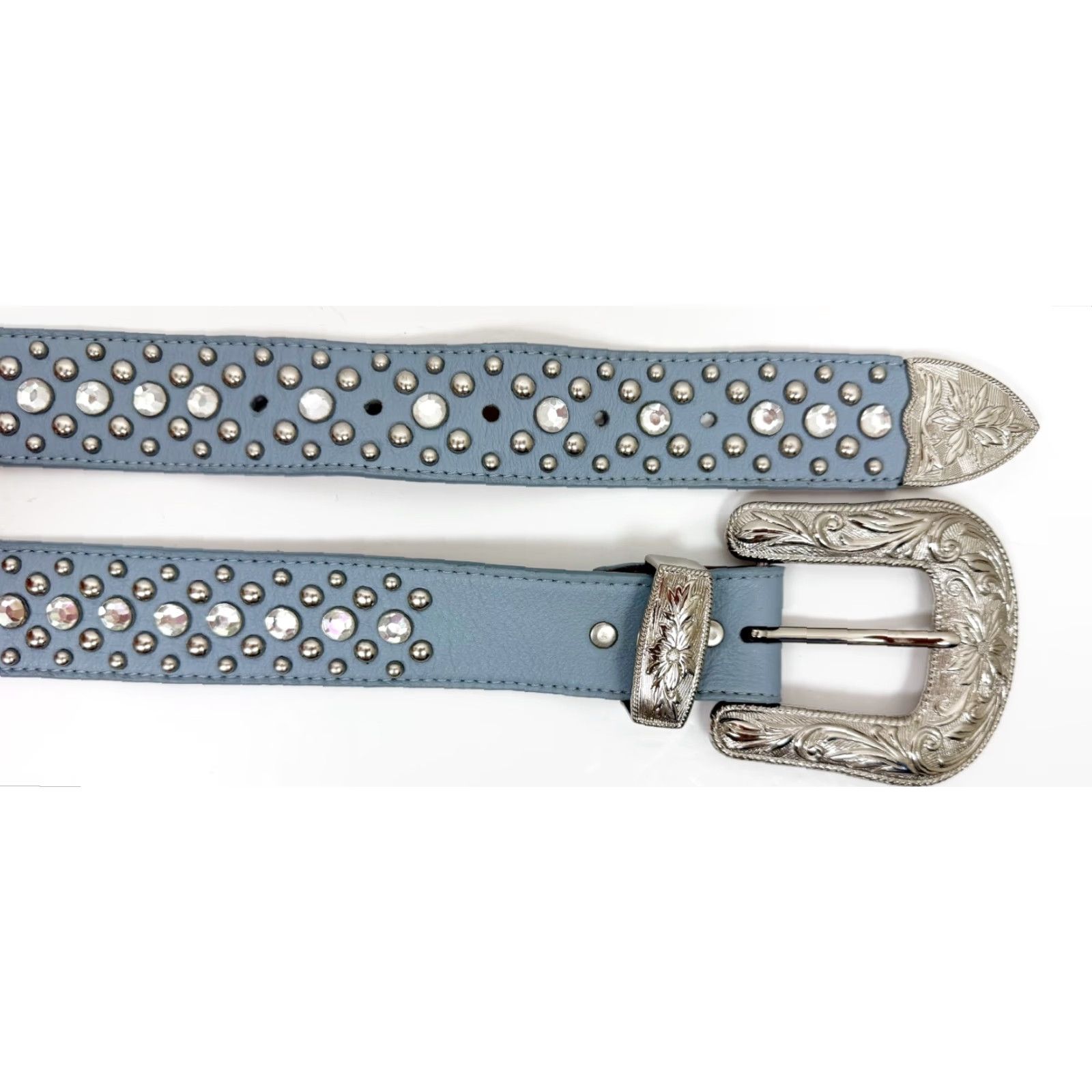3D Western Belt Womens 36 Light Blue Leather Rhinestone Studded Buckle Cowboy Rodeo