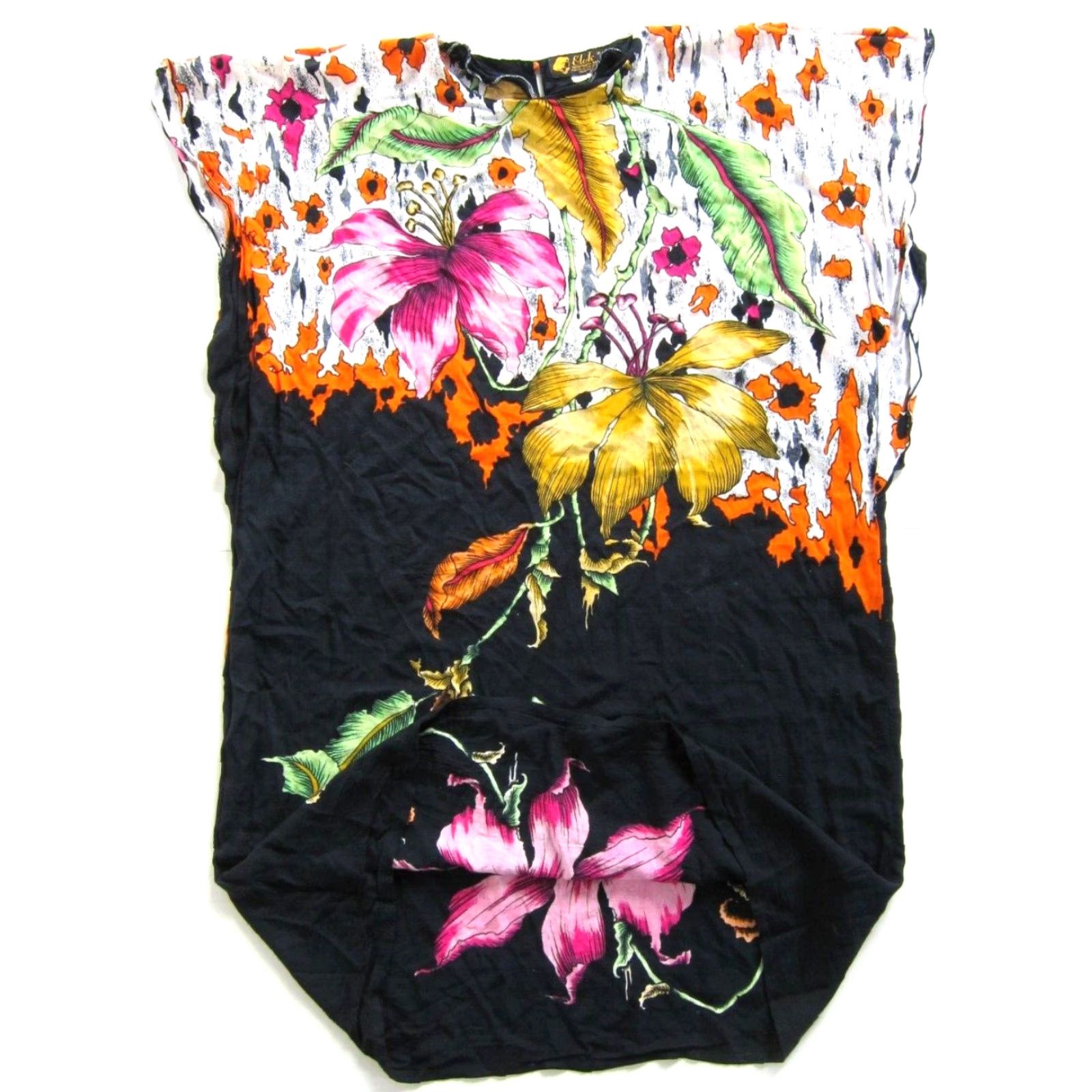 Pinko VTG Elok Rayon Indonesia Batik Floral Black Pink Yellow Kaftan Muumuu Dress OS Size ONE SIZE - 5 Thumbnail