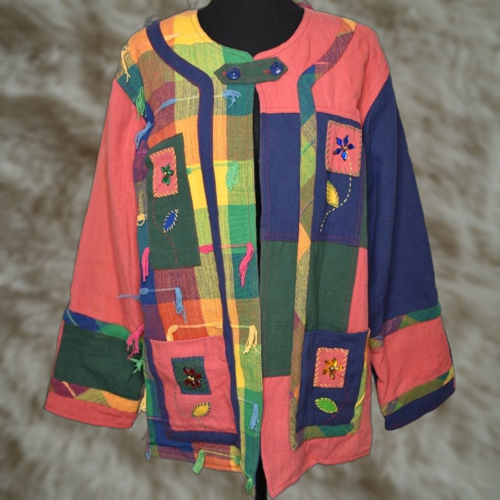 Vintage Open Front Jacket Boho Wearable Art Patchwork Beaded Coloful Medium Size M / US 6-8 / IT 42-44 - 1 Thumbnail