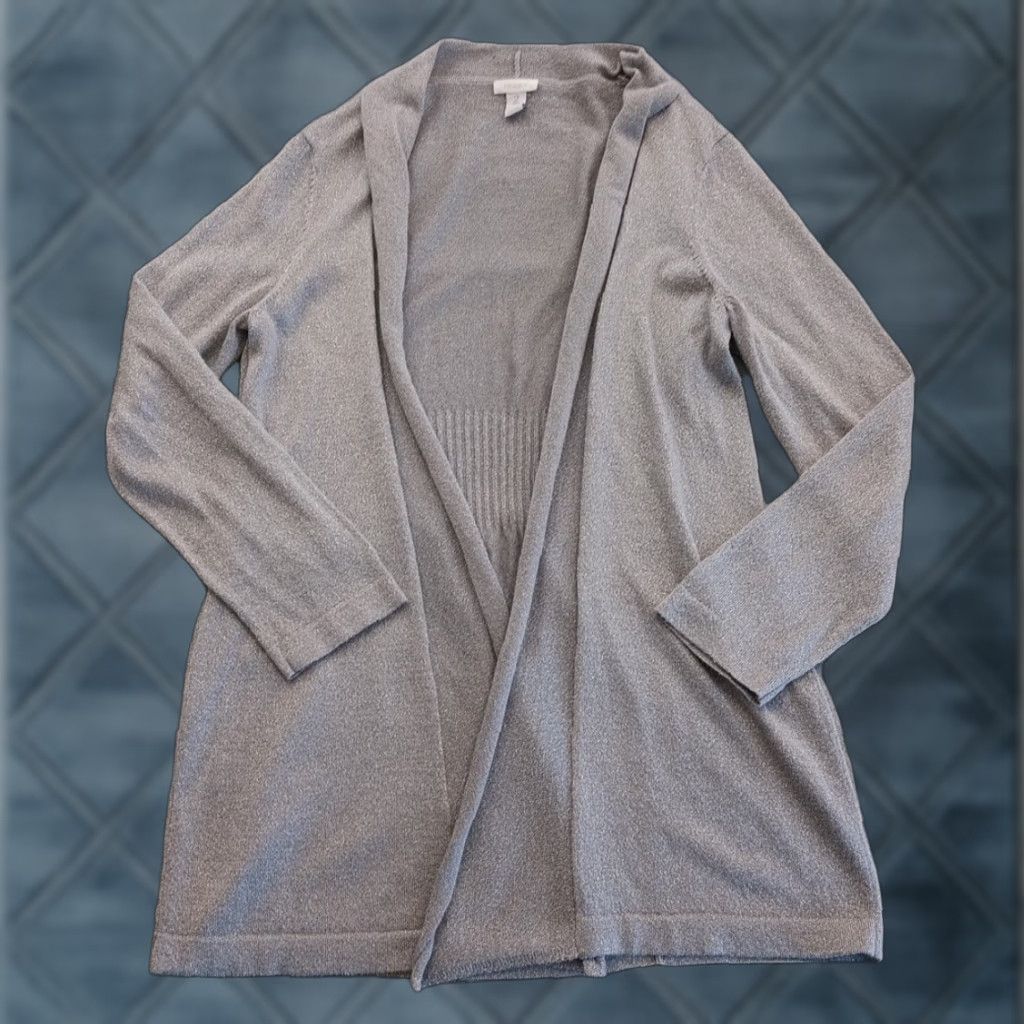 Vintage Chico's Sweater Cardigan Womens Size 2 Gray Open Mid Length Long Sleeve V-Neck Glitter Knit Size XS / US 0-2 / IT 36-38 - 1 Thumbnail
