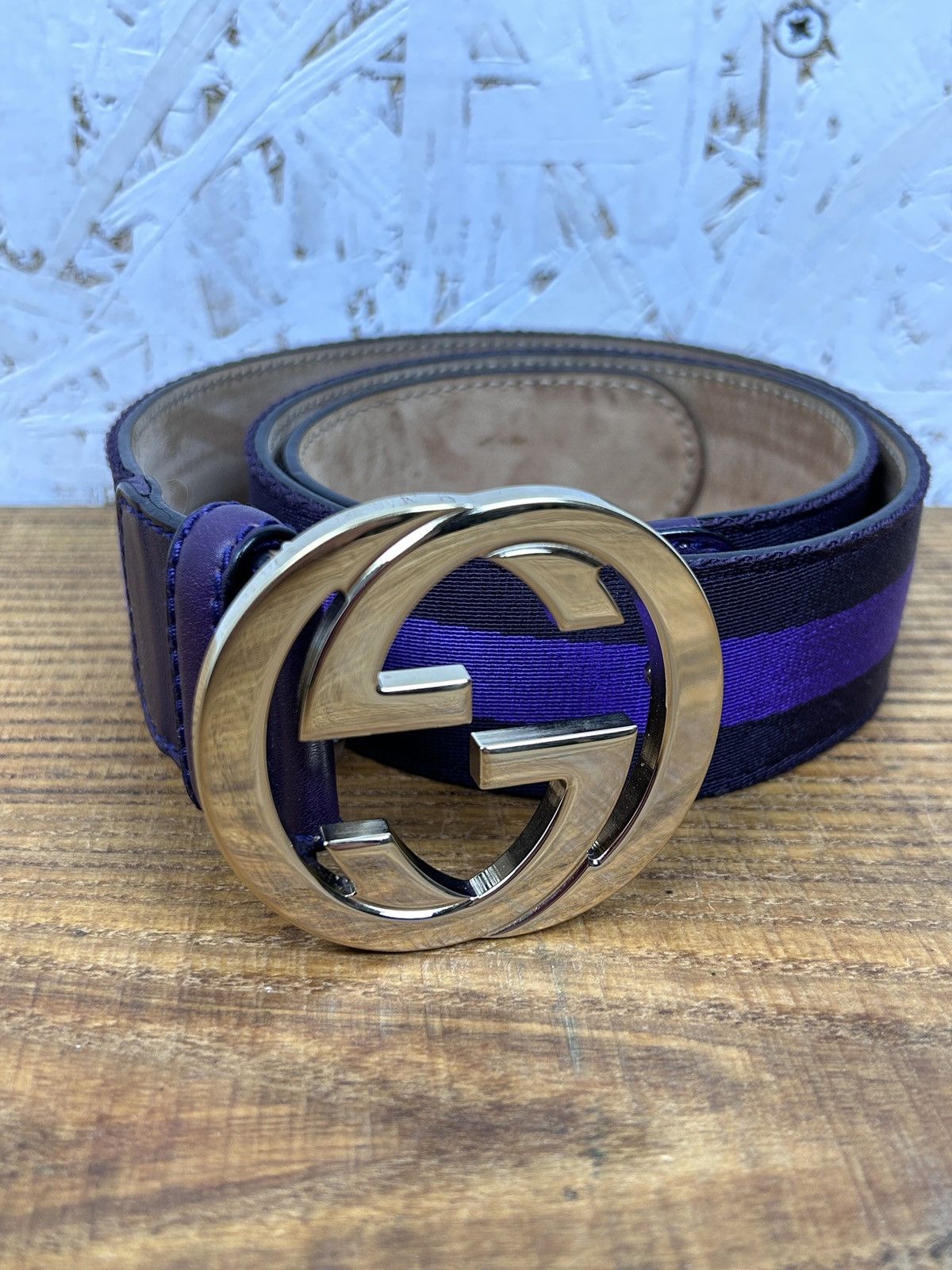 Gucci GG Buckle Purple Stripe Leather Belt Size 80/32