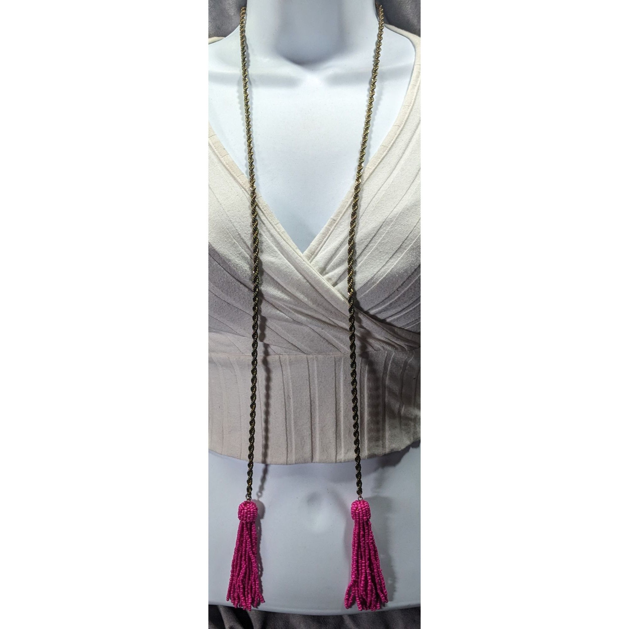Other Pink Glass Beaded Fringe End Gold Tone Chain Wrap Necklace Size ONE SIZE - 5 Thumbnail