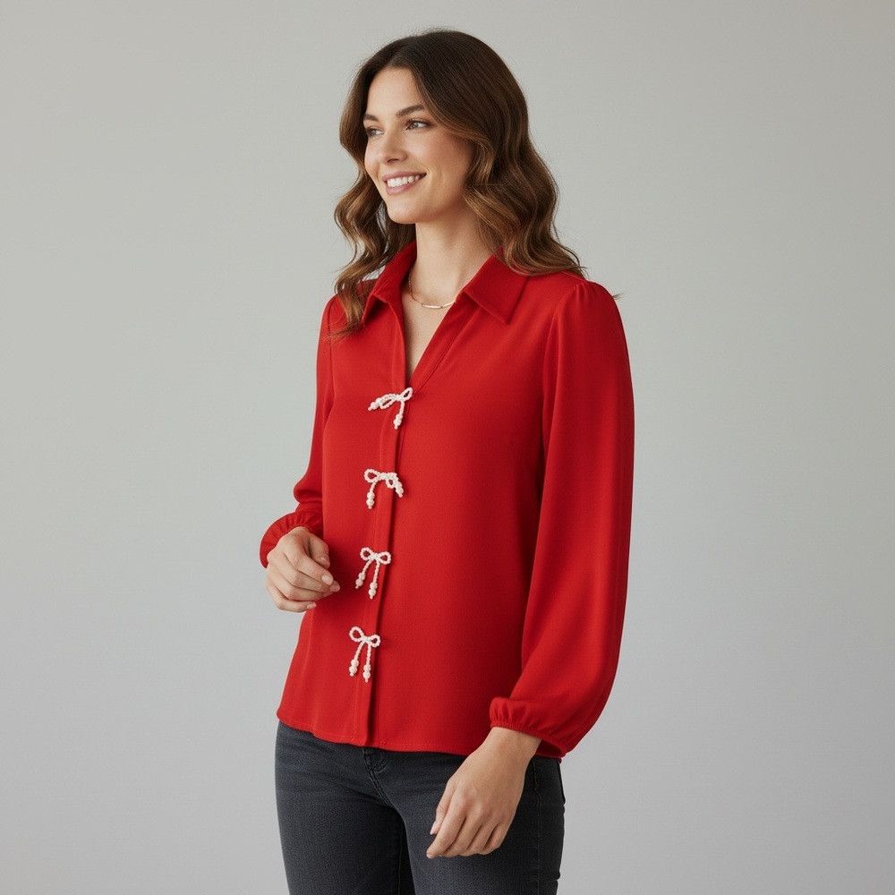 Adrianna Papell NWT New $79 Adrianna Papell 3/4 Sleeve Pearly Bow Red Blous Size L / US 10 / IT 46 - 1 Thumbnail