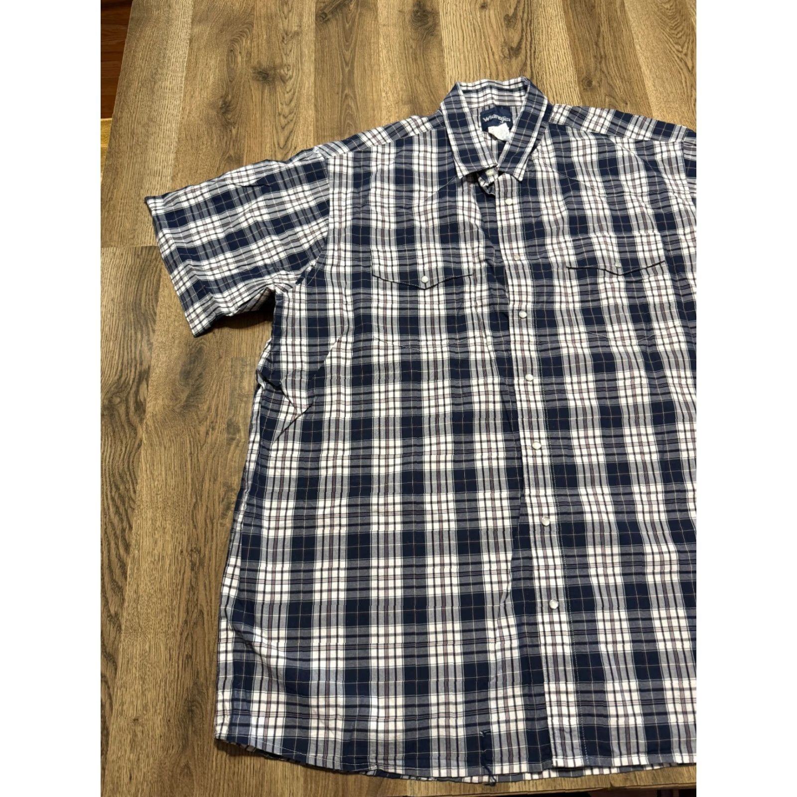 Wrangler VINTAGE? Western Wrangler Shirts Men's 3XLT Blue White Short Sleeve Button Up Plaid Shirt Womens? Size US XXL / EU 58 / 5 - 4 Thumbnail