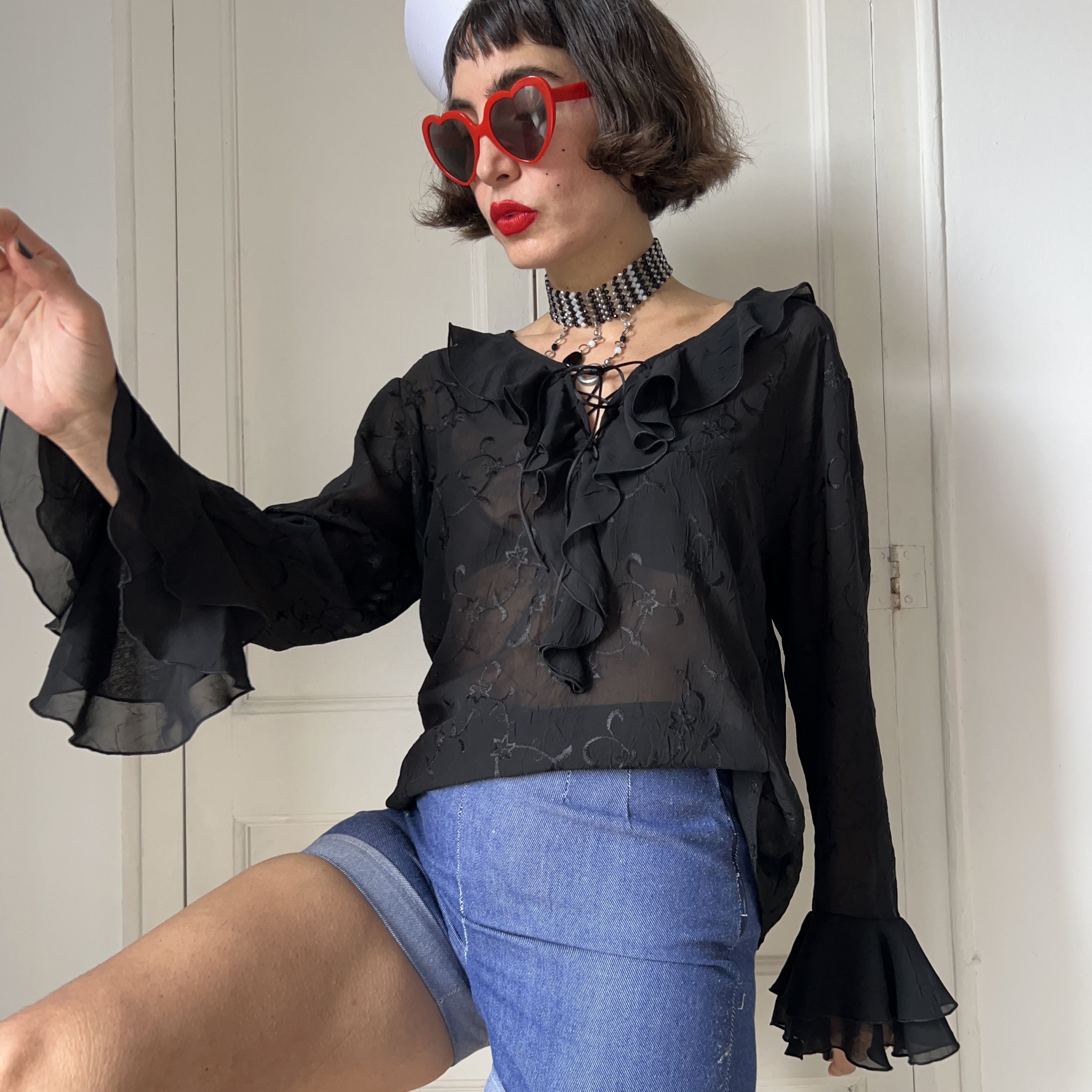 Vintage Vintage 90s Black Sheer Ruffle Poet Blouse Size XL / US 12-14 / IT 48-50 - 8 Thumbnail