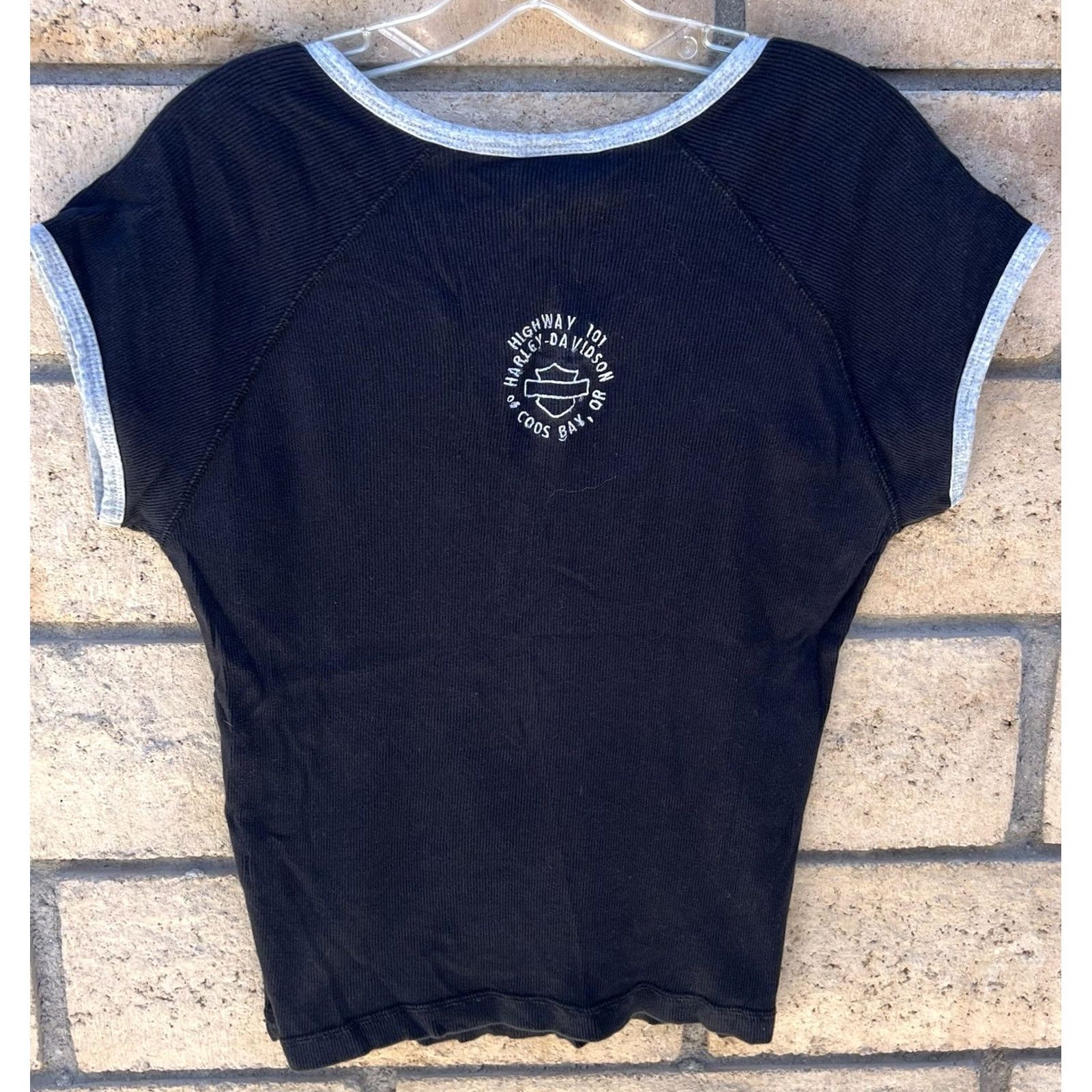 Harley Davidson Harley-Davidson Womens Ribbed Henley T Shirt Black Y2K Fitted Motorcycle Top L Size L / US 10 / IT 46 - 7 Thumbnail