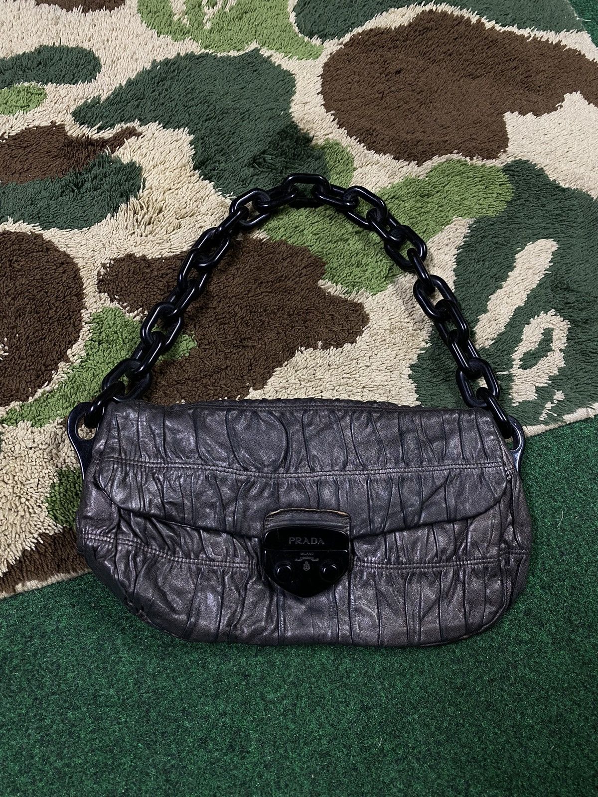 Prada Gaufre Chain Shoulder Bag Grey Bronze Preowned, Women's