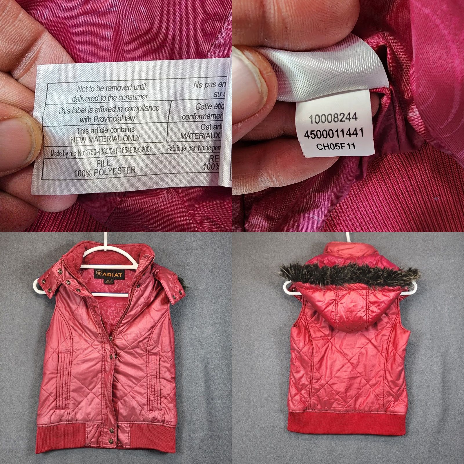 Ariat Ariat Womens Vest XS Pink Full Zip Quilted Puffer Faux Fur Trim Pockets Vest Ladies XS Pink Quilted Puffer Vest Size XS / US 0-2 / IT 36-38 - 9 Thumbnail