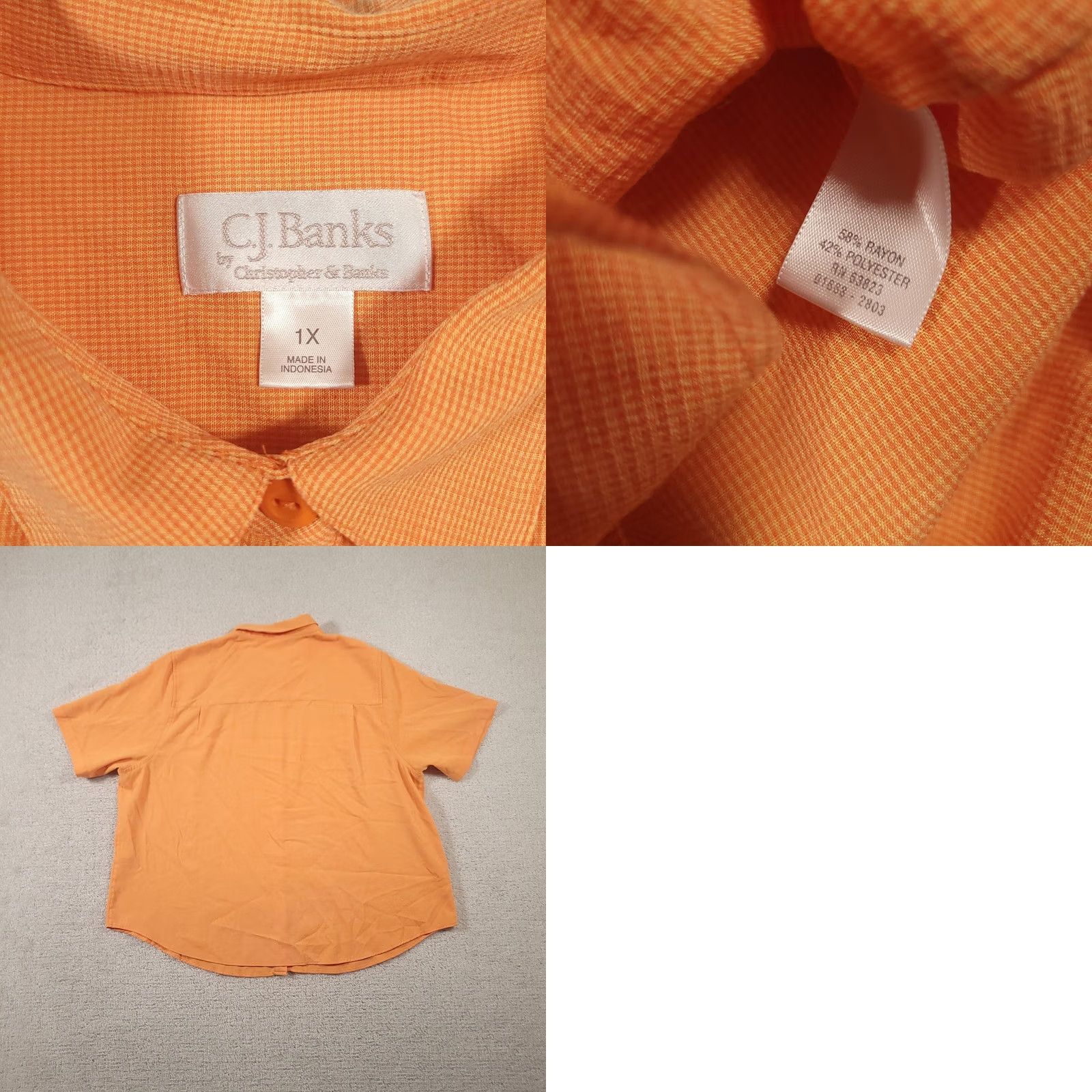 Vintage C.J. Banks Shirt Womens 1X Orange Short Sleeve Button Front Rayon Blend Pockets Size XL / US 12-14 / IT 48-50 - 8 Thumbnail