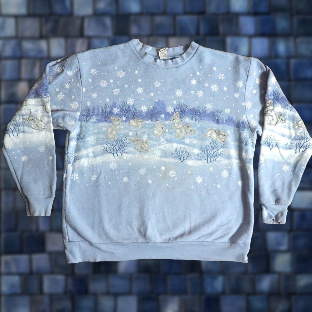 Vintage VTG 90s Winter Snow Rabbit AOP Blue USA Nature Pullover Sweatshirt Women L Blue Sweatshirt Size L / US 10 / IT 46 - 1 Thumbnail