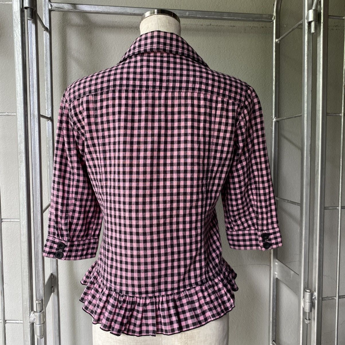 Japanese Brand ALGONGUINS Y2K Punk Pink Black Gingham Ruffle Blouse Size M / US 6-8 / IT 42-44 - 4 Thumbnail