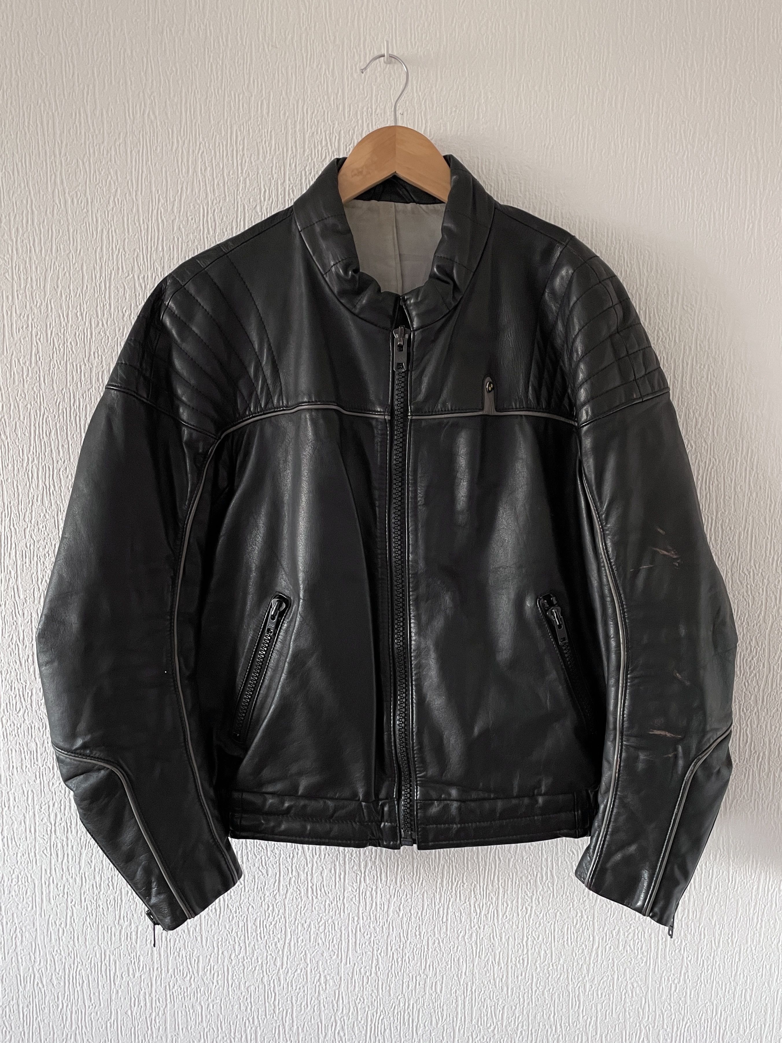 image of Leather Jacket x Racing Bmw Jacket Bomber Leather Racing Moto Bike 80's E2403 in Black (Size Large)