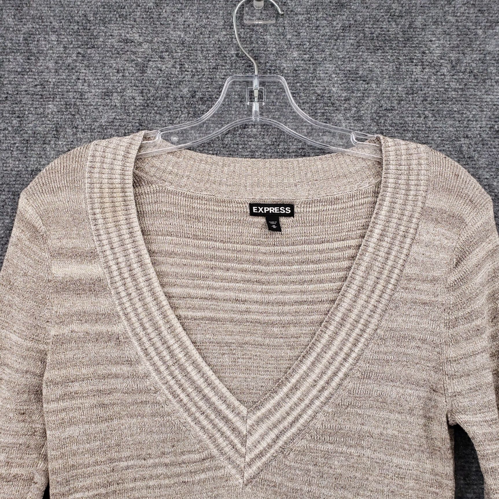 Express Express Sweater Womens M Beige Tunic V-Neck Long Sleeve Striped Cotton Blend Knit Comfort Casual Size M / US 6-8 / IT 42-44 - 5 Thumbnail