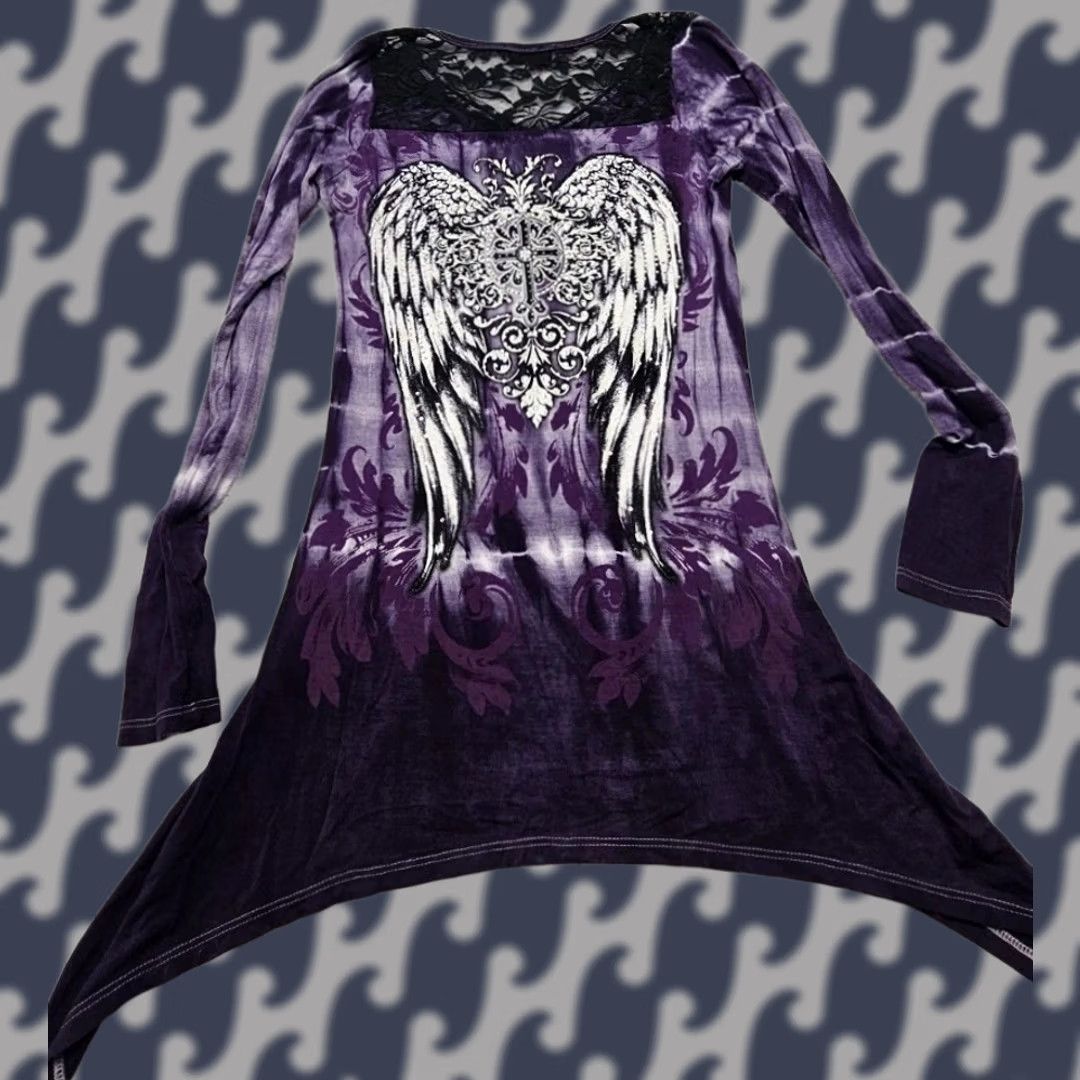 Vintage Y2K Women’s Lace Inserts Gothic Cross Rhinestones Royal Purple USA Small Shirt Womens Purple Lace Blouse Rhinestone USA 90s Gothic Size S / US 4 / IT 40 - 1 Thumbnail