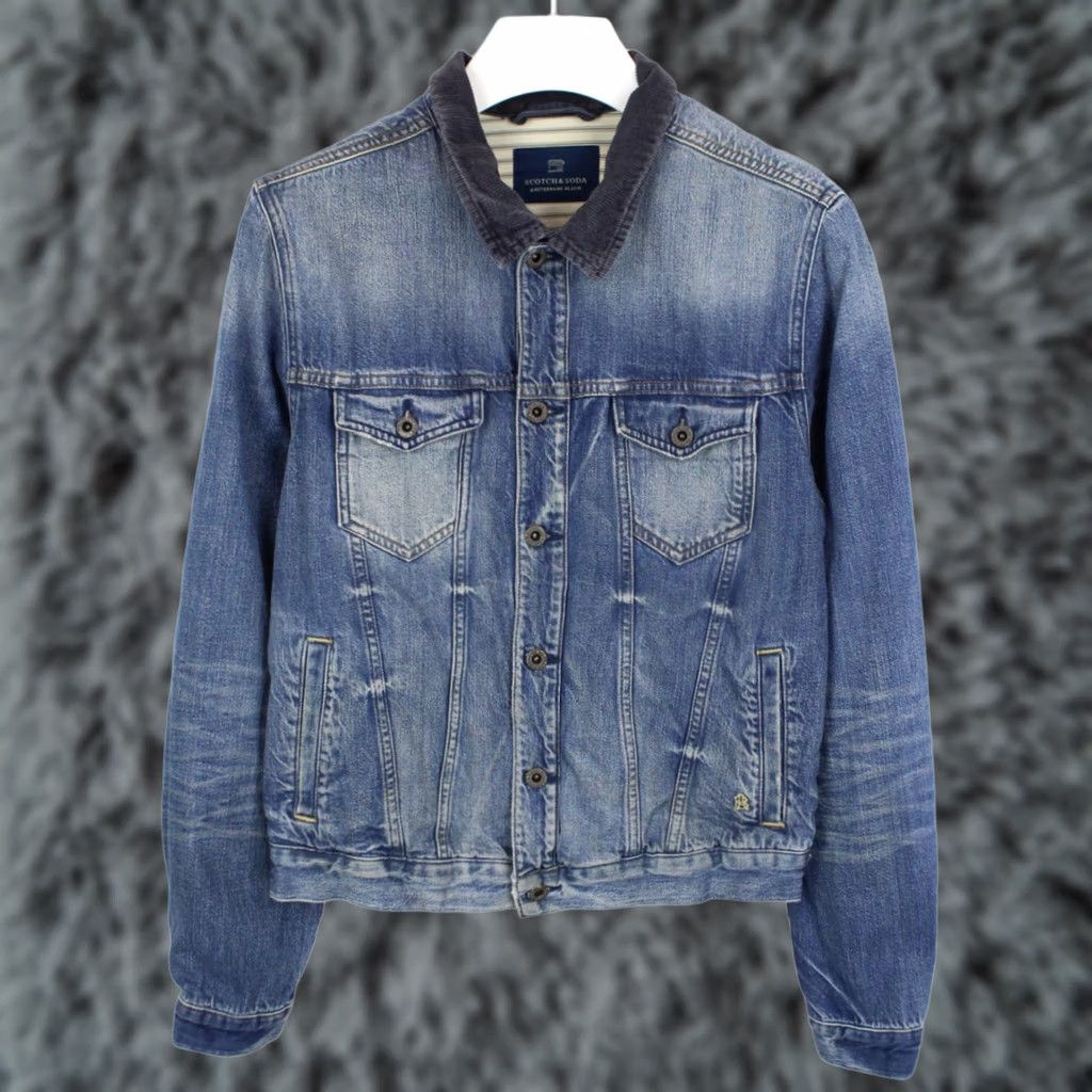 Scotch & Soda SCOTCH & SODA Jacket Men's LARGE Denim Trucker Polo Collar Whiskers Faded Blue Size US L / EU 52-54 / 3 - 1 Thumbnail