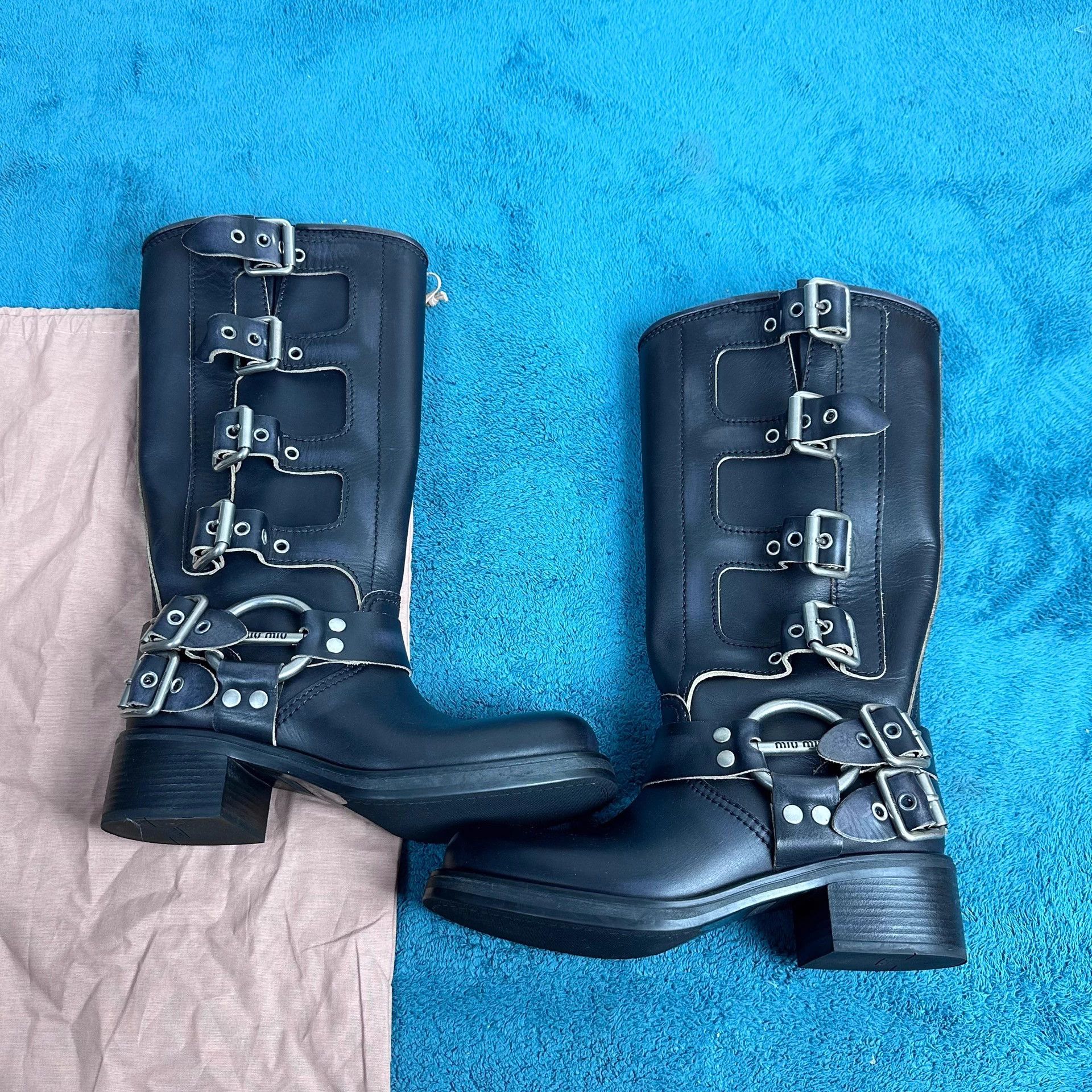 Miu Miu MIU MIU Buckle Distressed Knee-High Boots Black EU37 Size US 6 / IT 36 - 2 Thumbnail