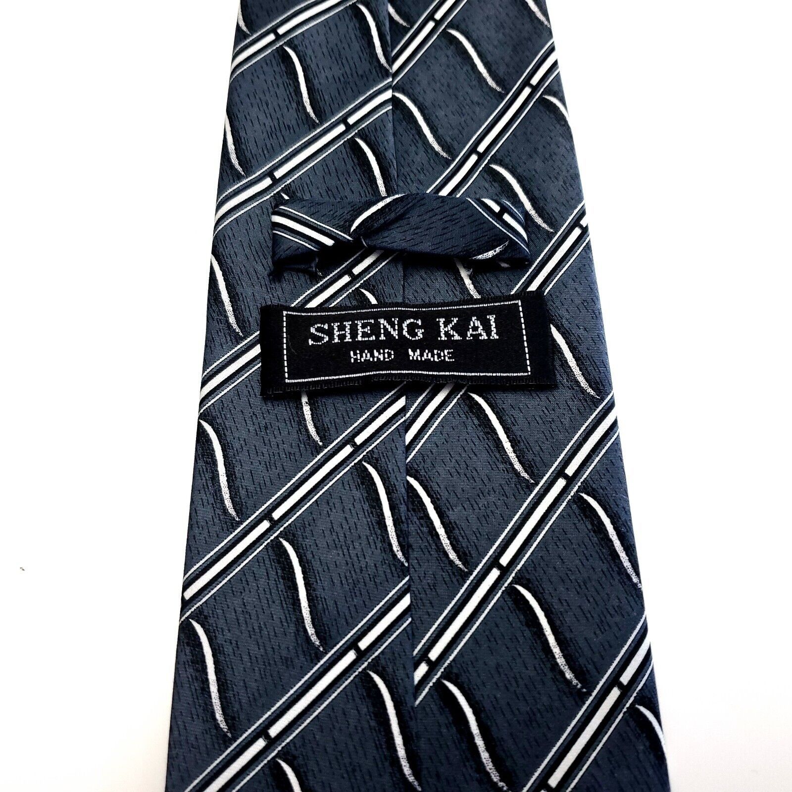 Vintage Sheng Kai Blue Gray Silk Tie Woven Geometric Striped Size ONE SIZE - 4 Thumbnail