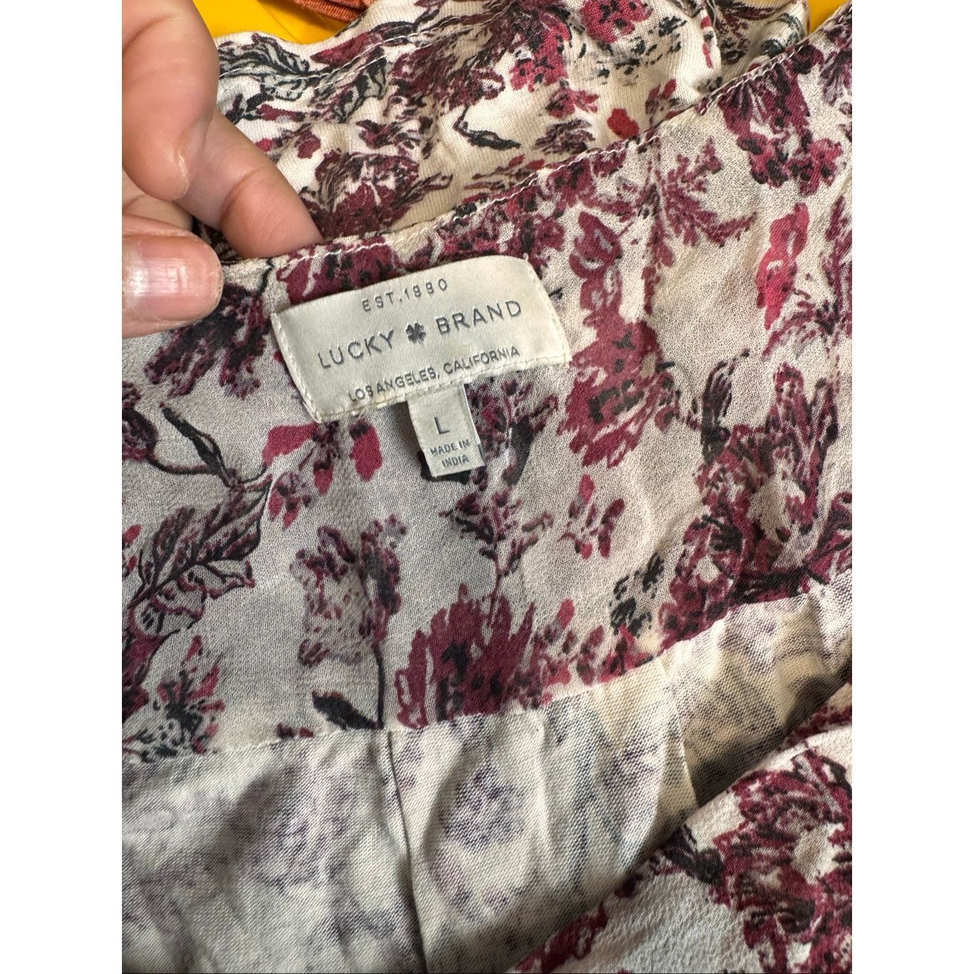 Lucky Brand Lucky Brand Boho Floral Peasant Top | Burgundy Cream Sheer Flowy Blouse – Size Large Size L / US 10 / IT 46 - 8 Thumbnail