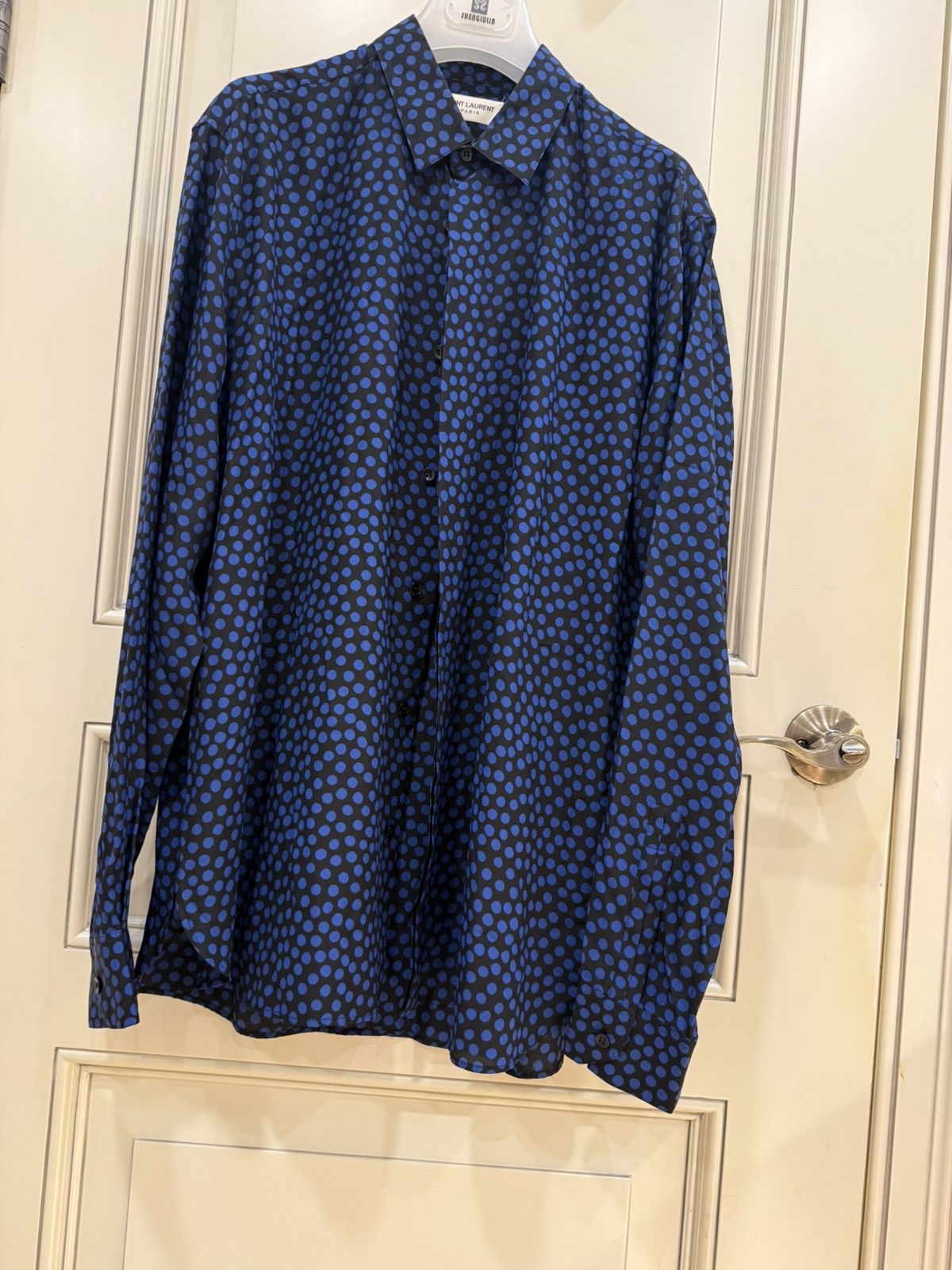 Saint Laurent Paris blue polka dots silk shirt collar size41 Size US M / EU 48-50 / 2 - 12 Thumbnail