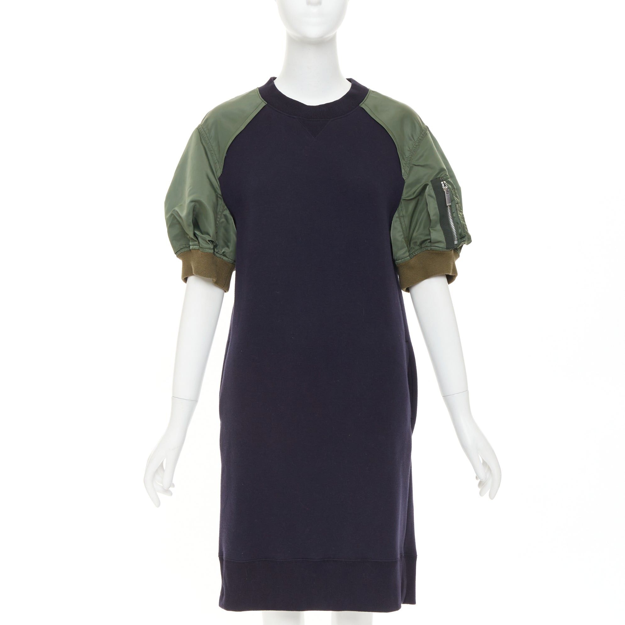 Sacai SACAI 2022 navy green sponge sweat MA-1 bomber sleeve sweater dress JP3 L Size M / US 6-8 / IT 42-44 - 1 Thumbnail