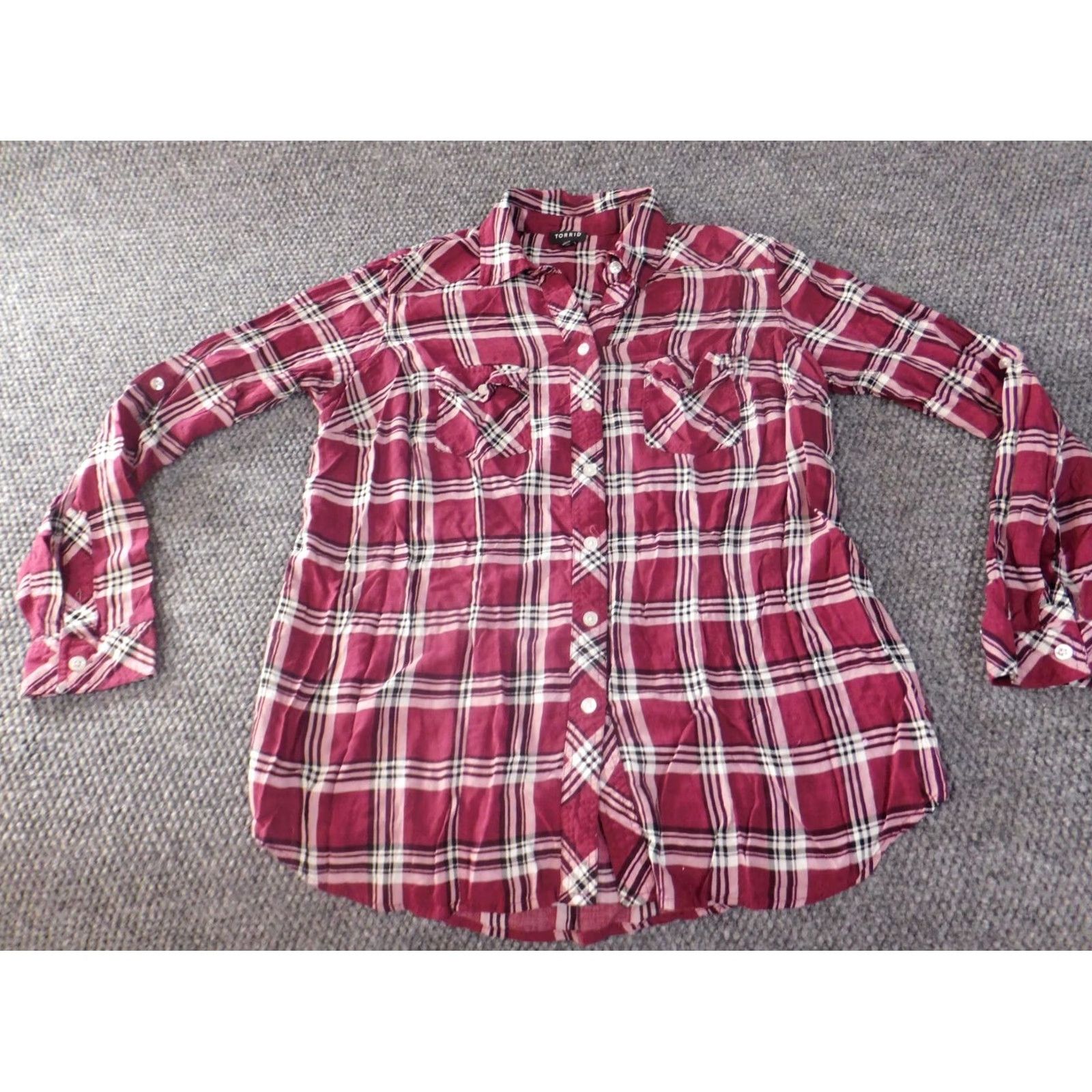 Torrid Torrid Button-Up Shirt Womens 00 Red Plaid Casual Knit Rayon Long Sleeve Collared Plus Size Regular Basic Classic Stretch Size XXS / US 00 / IT 34 - 2 Thumbnail