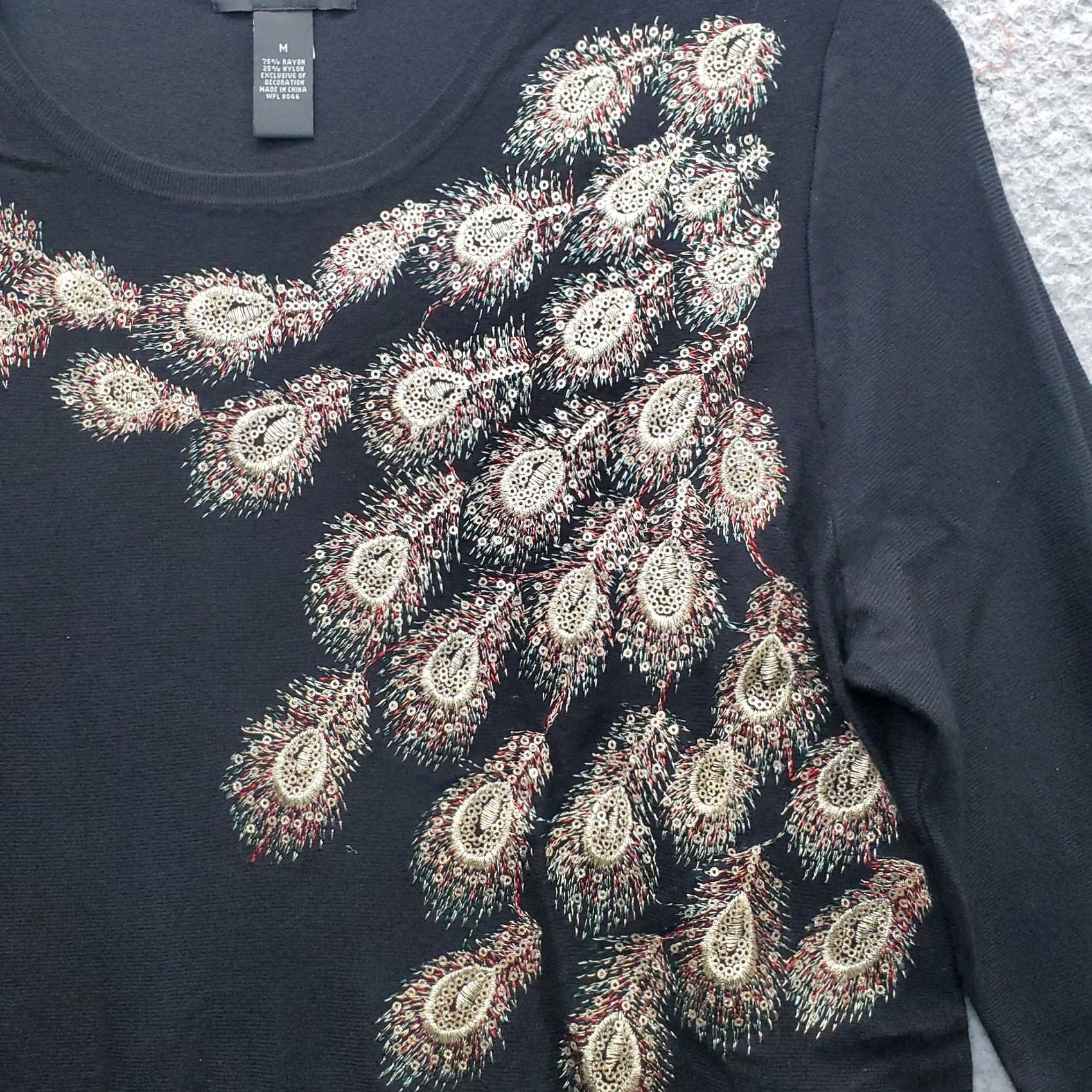 Alfani Alfani Womens Tunic Blouse M Black Embroidered Sequin Peacock Pullover Size M / US 6-8 / IT 42-44 - 8 Thumbnail