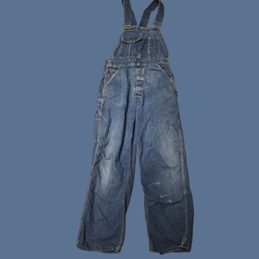 VINTAGE Pointer Brand Denim Carpenter Bib Overalls Mens 32 Blue Cotton 5-Pocket Work USA Logo Accents Button Relaxed denim USA 90s