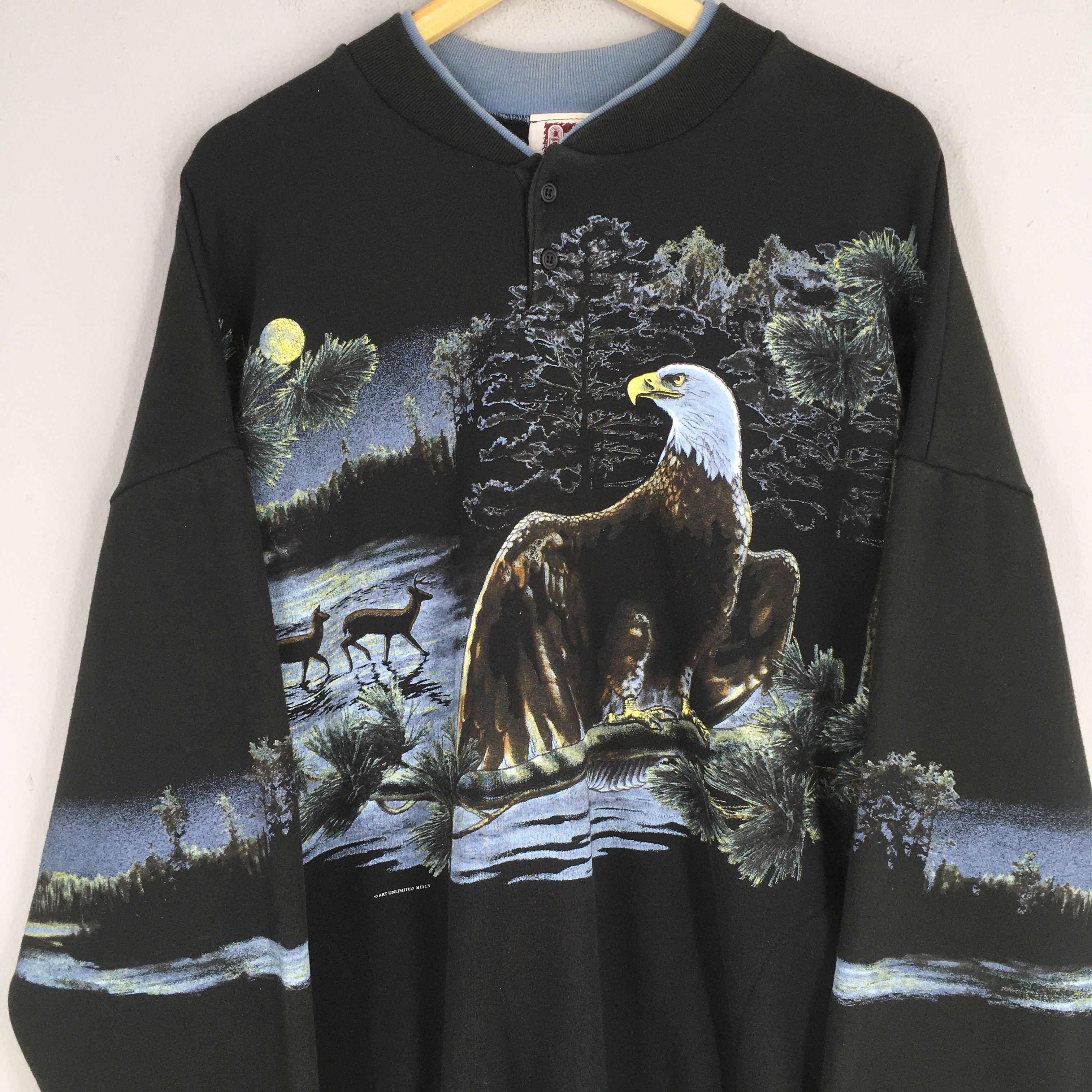 Habitat Vintage Eagles Bald Black Henley Sweatshirt 3XLarge Size US XXL / EU 58 / 5 - 2 Thumbnail