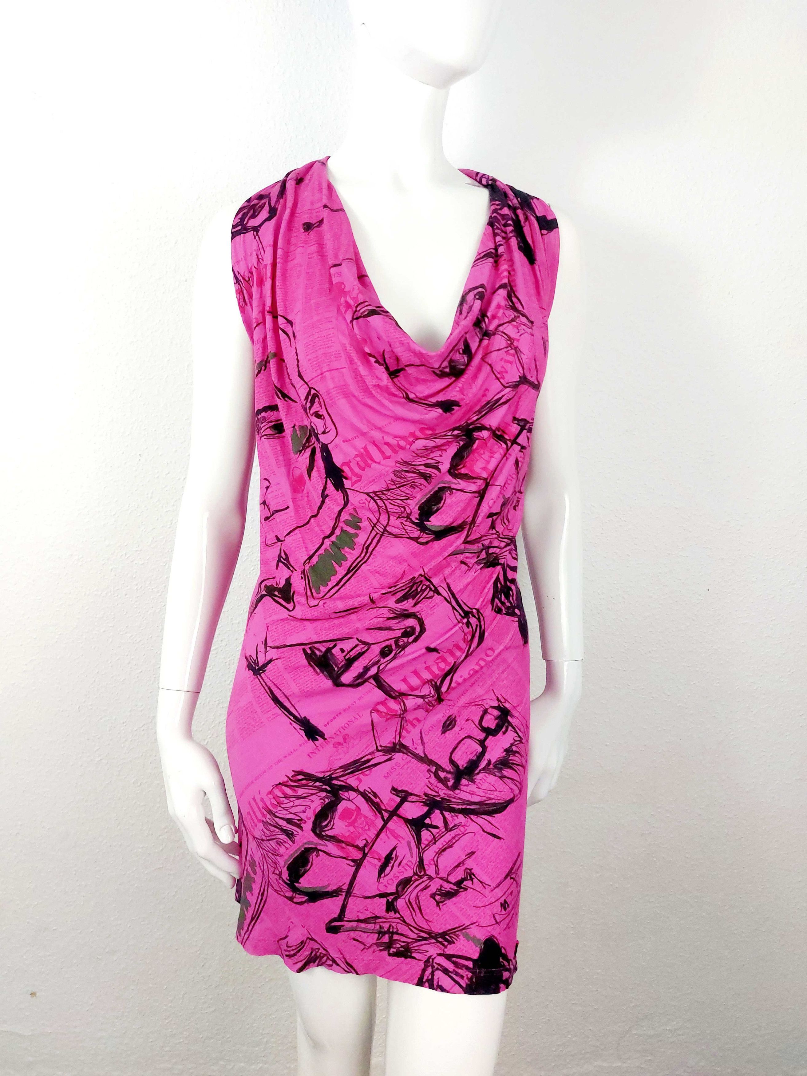 John Galliano Pink Gazette Newspaper Sketch Face Pink Dress