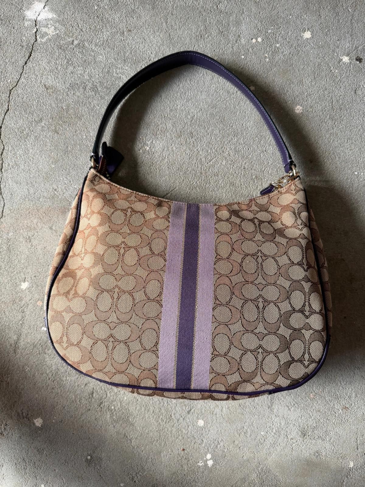 Coach Coach Signature Hobo Stripe Canvas Shoulder Bag Beige/Purple Size ONE SIZE - 6 Thumbnail