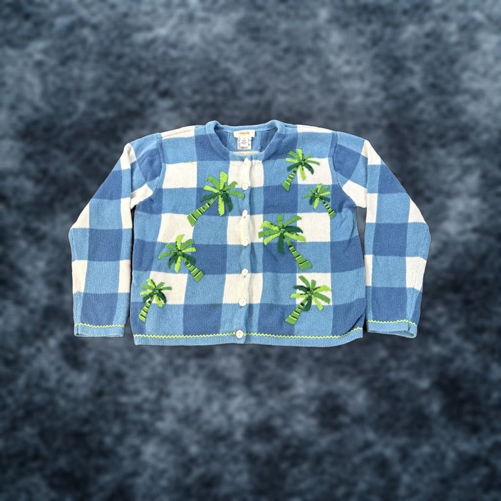 Talbots VINTAGE Talbots Cardigan Sweater Women M Blue White Checks Applique Palm Trees Knit Slit Sleeve Round Neck Size M / US 6-8 / IT 42-44 - 1 Thumbnail