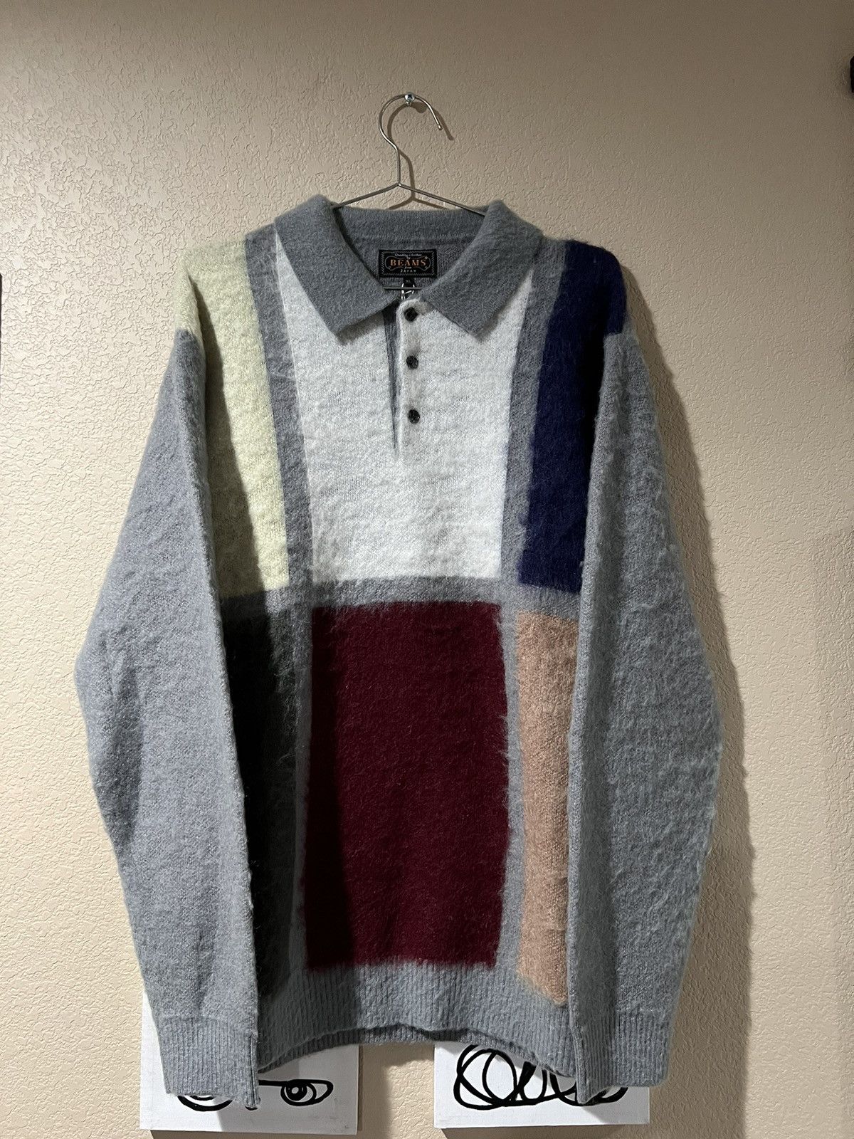 image of Beams Plus Beams Knit Shaggy Polo Sweater in Grey, Men's (Size XL)