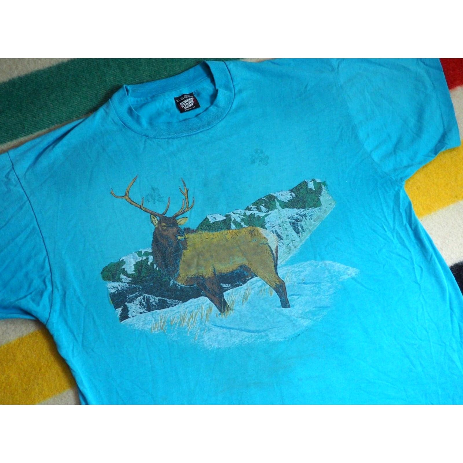 Vintage VTG 90s Screen Stars Elk Mountain Nature Outdoor Art Faded Blue Tee T-Shirt XL Mens Short Sleeve Cotton Blend Graphic Tee Size US XL / EU 56 / 4 - 2 Thumbnail