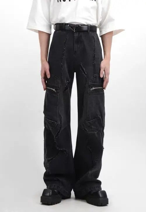VIBE Retro raw edge washed distressed wide leg jeans Size US 34 / EU 50 - 1 Thumbnail