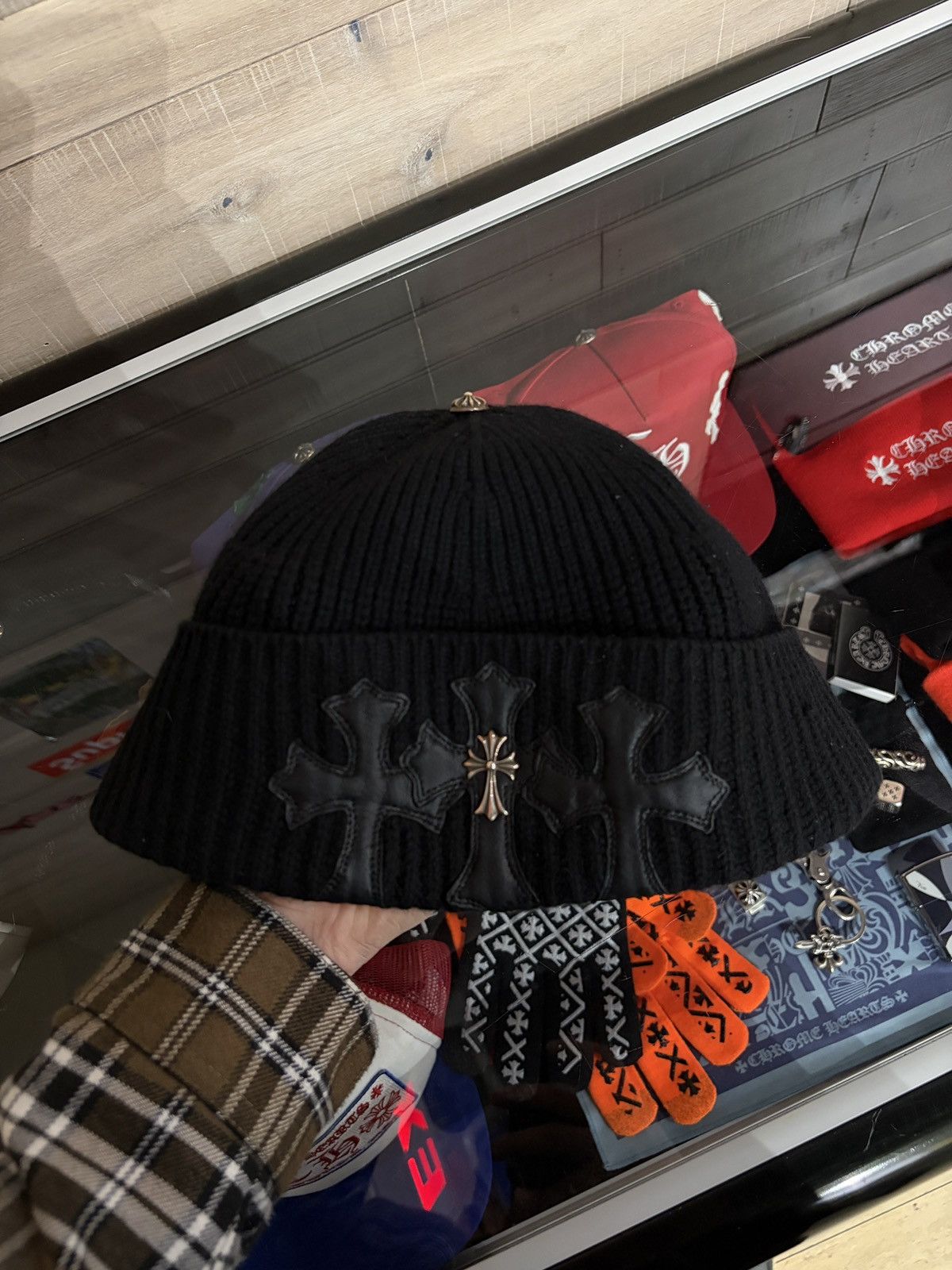 Chrome Hearts RARE CHROME HEARTS TRIPLE CROSS PATCH BEANIE W/ SILVER CROSS Size ONE SIZE - 1 Thumbnail